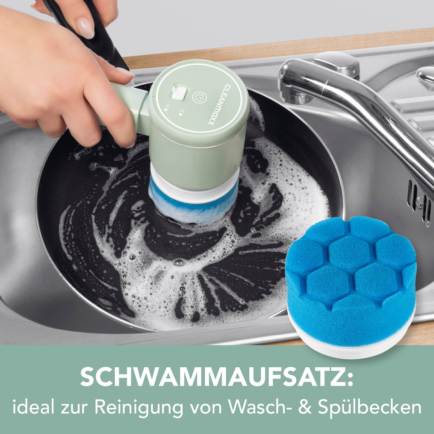 Akku-Reinigungsbürste - 2 Geschwindigkeitsstufen mit Schwammaufsatz zur kabellosen, effektiven Reinigung von Waschbecken und Küchenutensilien.