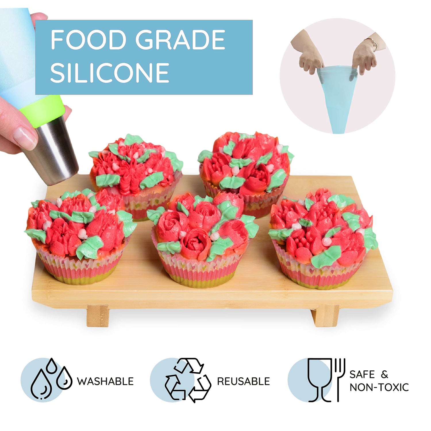 Spritzbeutel-Set mit Tüllen - 67-tlg. zum Dekorieren von Cupcakes mit waschbaren, wiederverwendbaren und sicheren Lebensmittelsilikon-Beuteln.