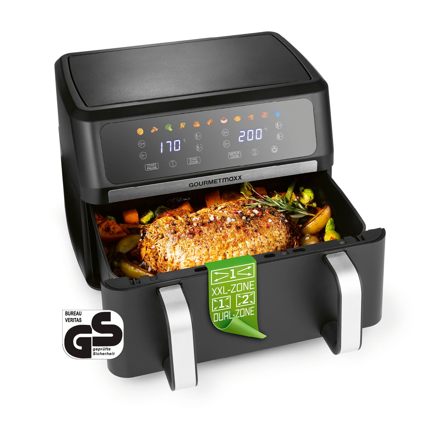 Vario-Kammer-Heißluftfritteuse - 10 Liter mit digitalem Touchscreen, Dual-Zone und großer Kapazität für bis zu 8 Personen.