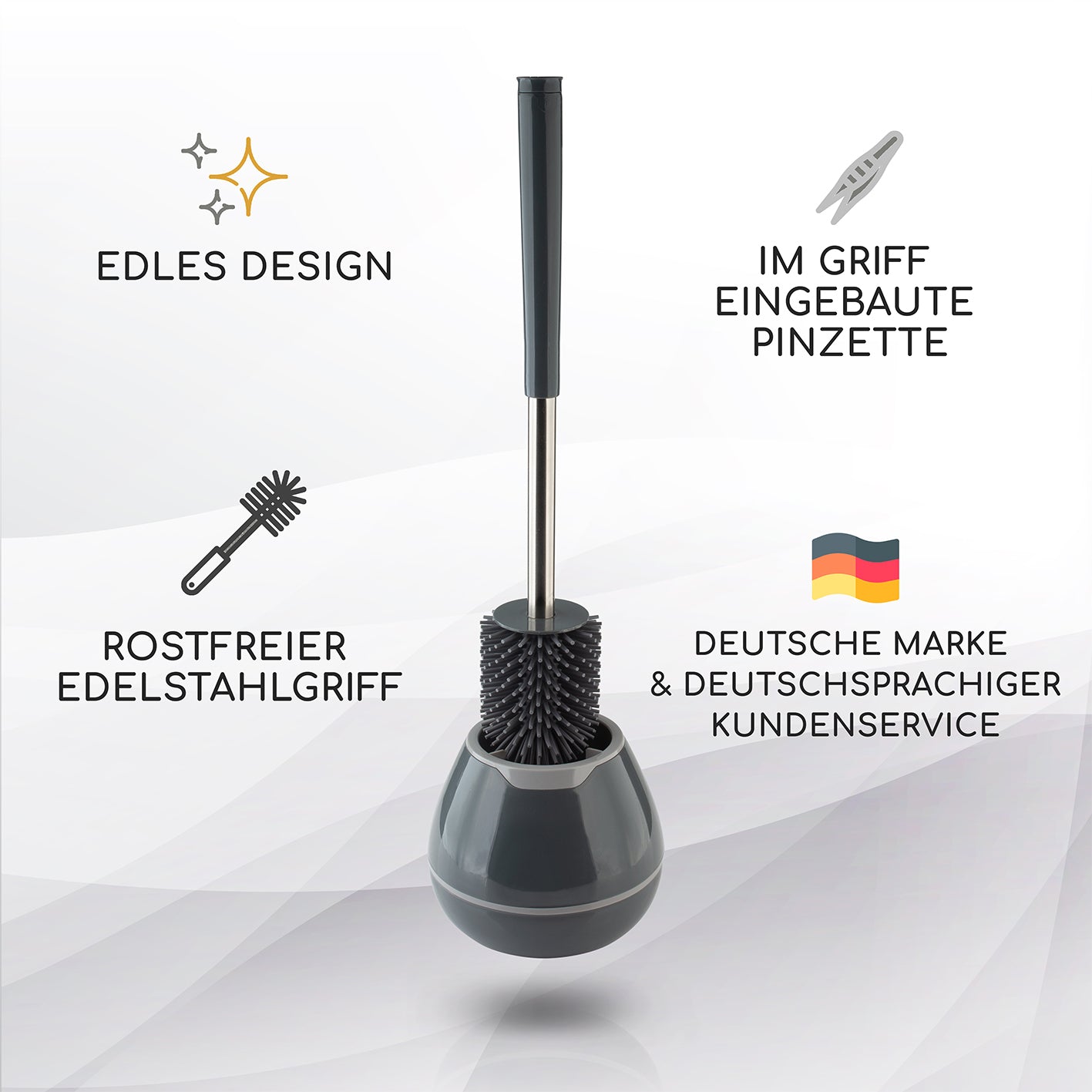 WC Bürste aus Silikon mit Edelstahl Halter - schwarz mit edlem Design, rostfreiem Griff und integrierter Pinzette im Griff.