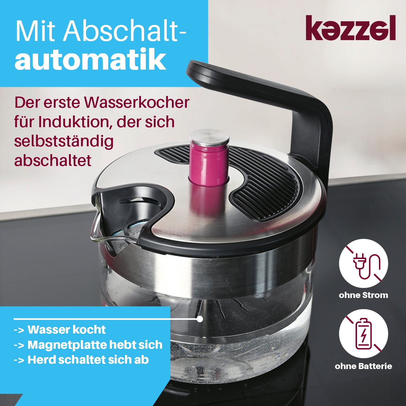 Wasserkessel für Induktionsherde 1,5 Liter mit automatischer Abschaltung durch ferromagnetische Platte, ohne Strom und Batterie.
