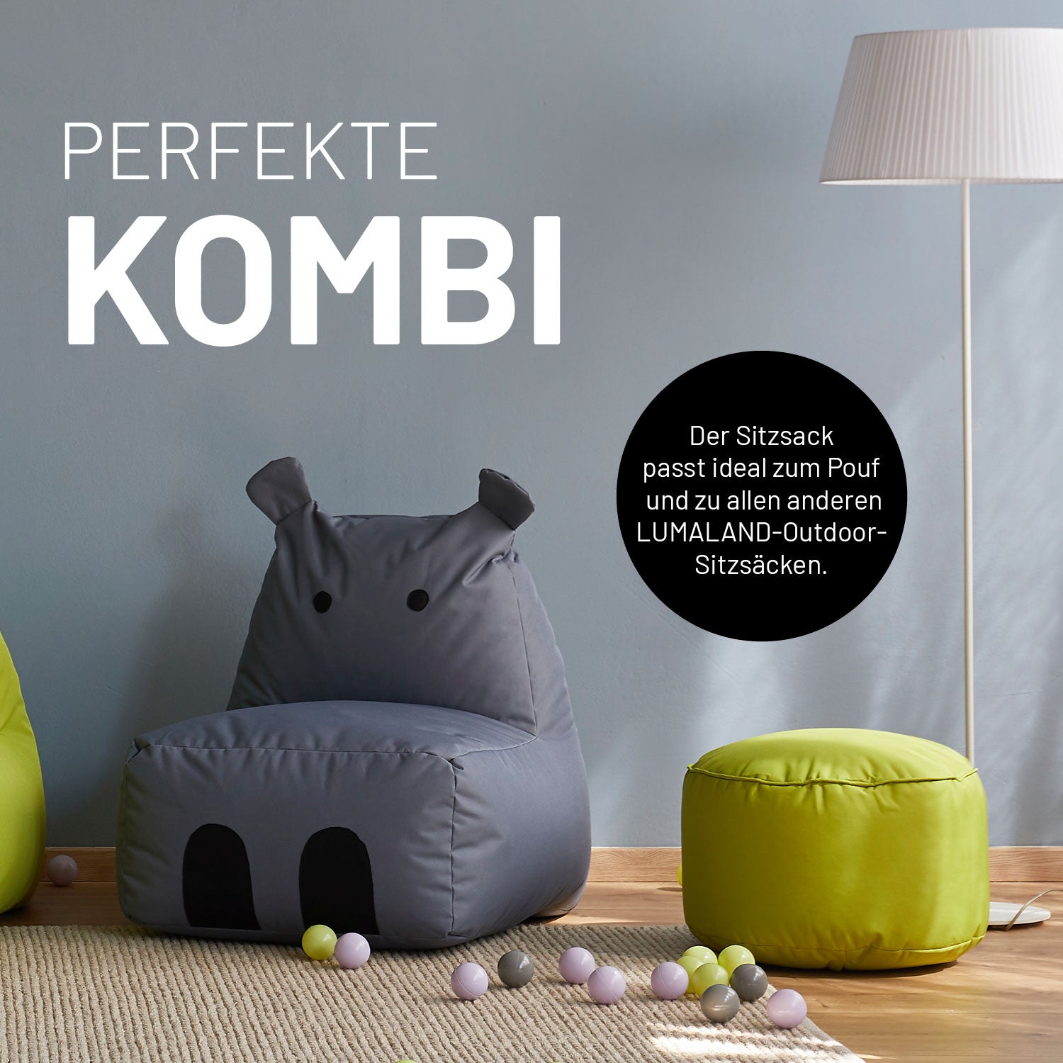 Kindersitzsack Animal Line Hippo (200 L) in Grau, wasserabweisend, robust, indoor & outdoor, perfekt kombinierbar mit LUMALAND Pouf.