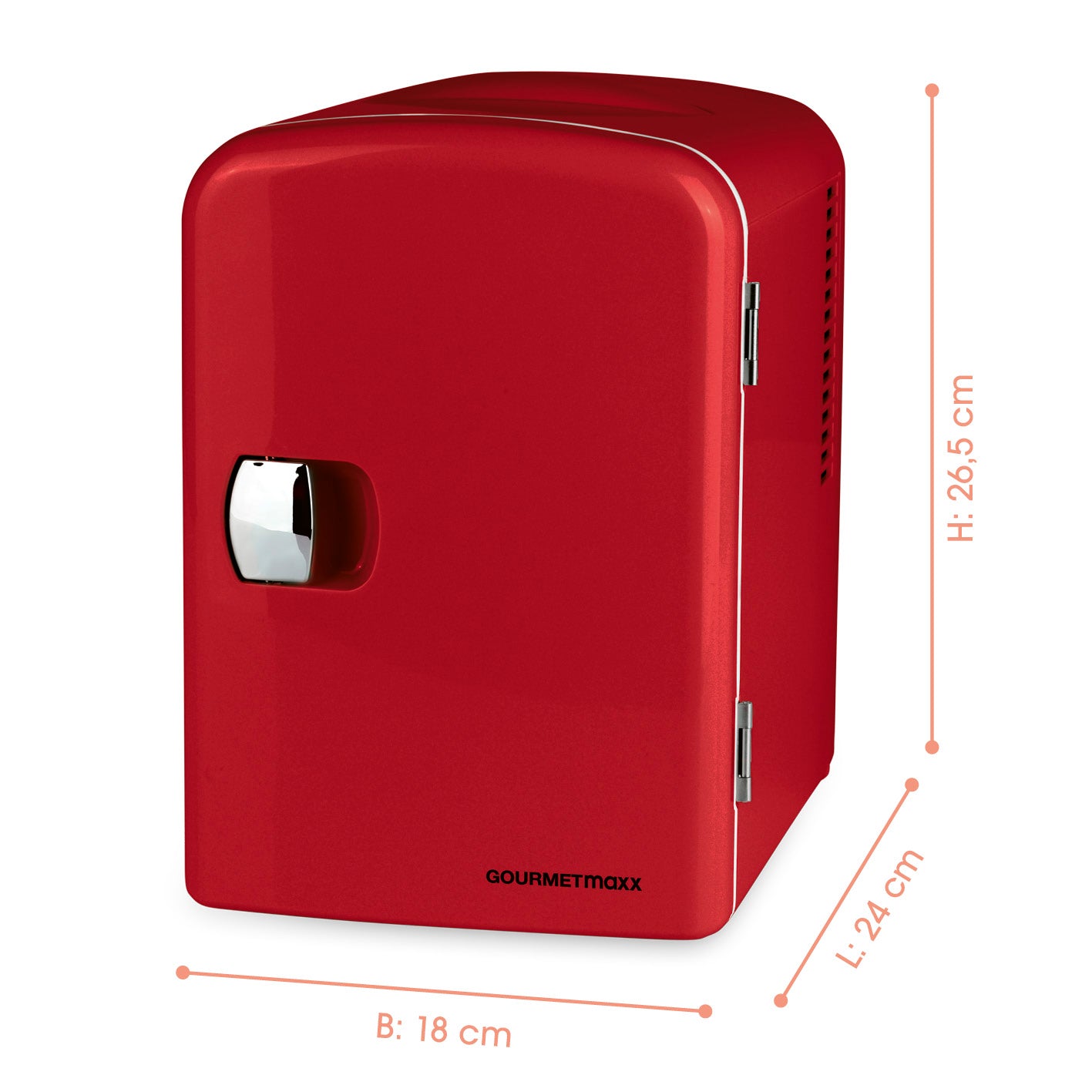 Mini-Kühlschrank Retro 45W - Rot, 4 Liter, kühlt bis 20 °C unter Umgebung, wärmt bis 50 °C, mit Tragegriff und Dual-Stromversorgung.