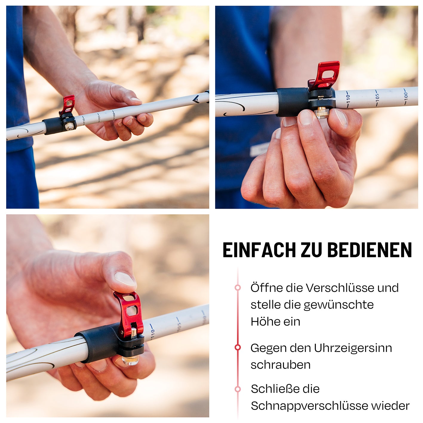 Teleskop Wanderstöcke - Aluminium - 63 cm /135 cm mit Flip-Lock Schnellverschluss zur einfachen, stufenlosen Höhenverstellung.