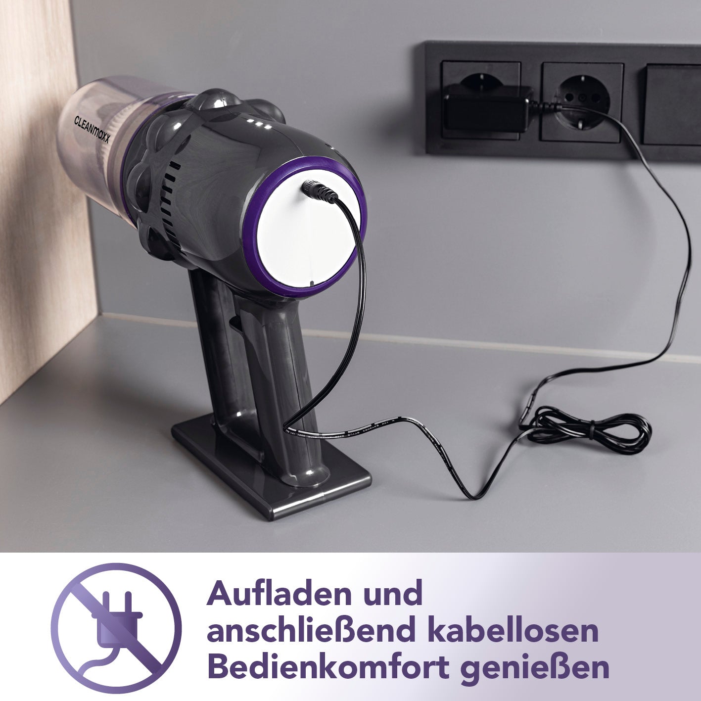 Akku-Staubsauger mit 14,8-V-Akku, ladbar auf Station mit flexiblem 2in1-Einsatz für Boden und Handgerät.
