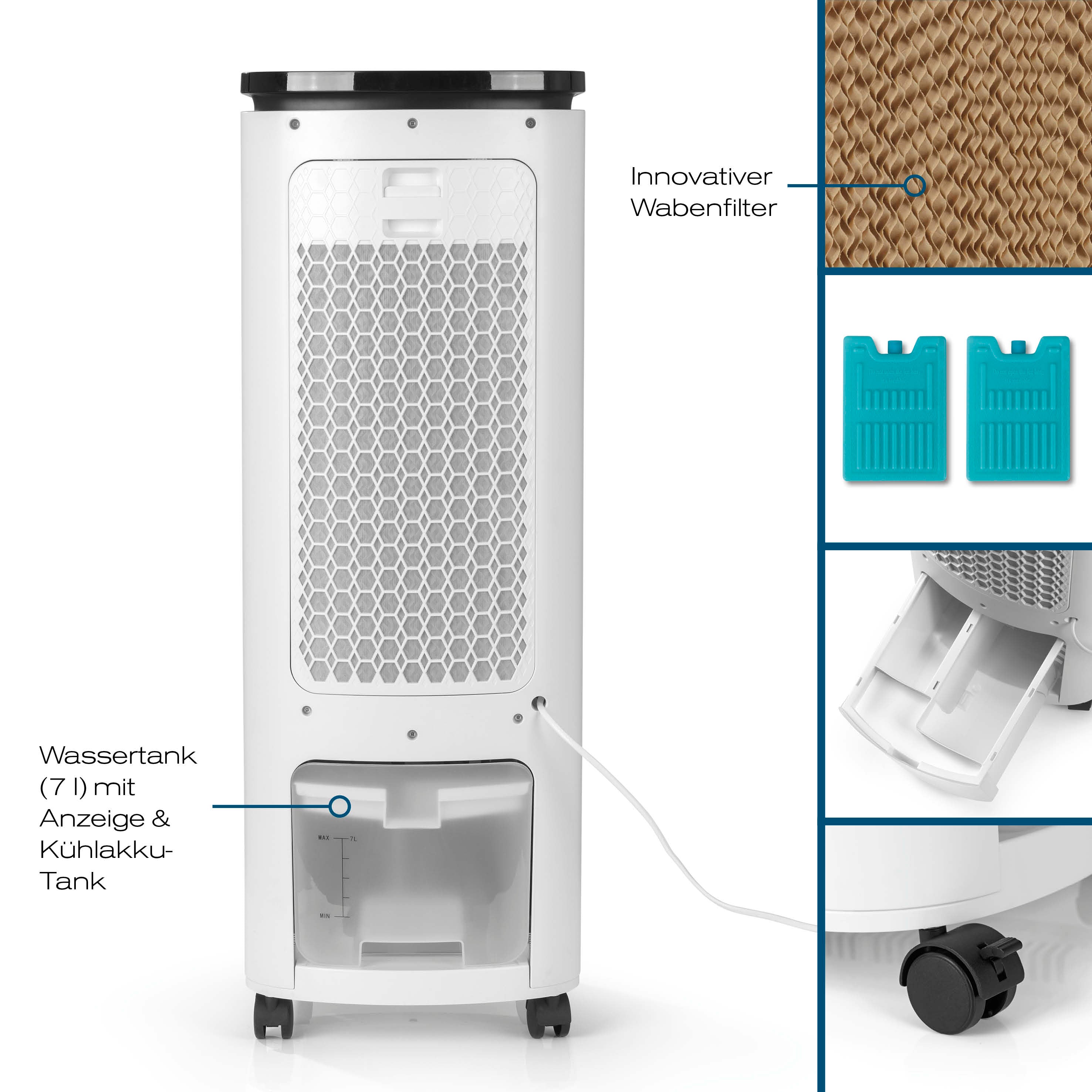 Luftkühler mit Peltier-Element mit innovativem Wabenfilter, 7L Wassertank, Kühlakkus und Rollen für flexible Nutzung.