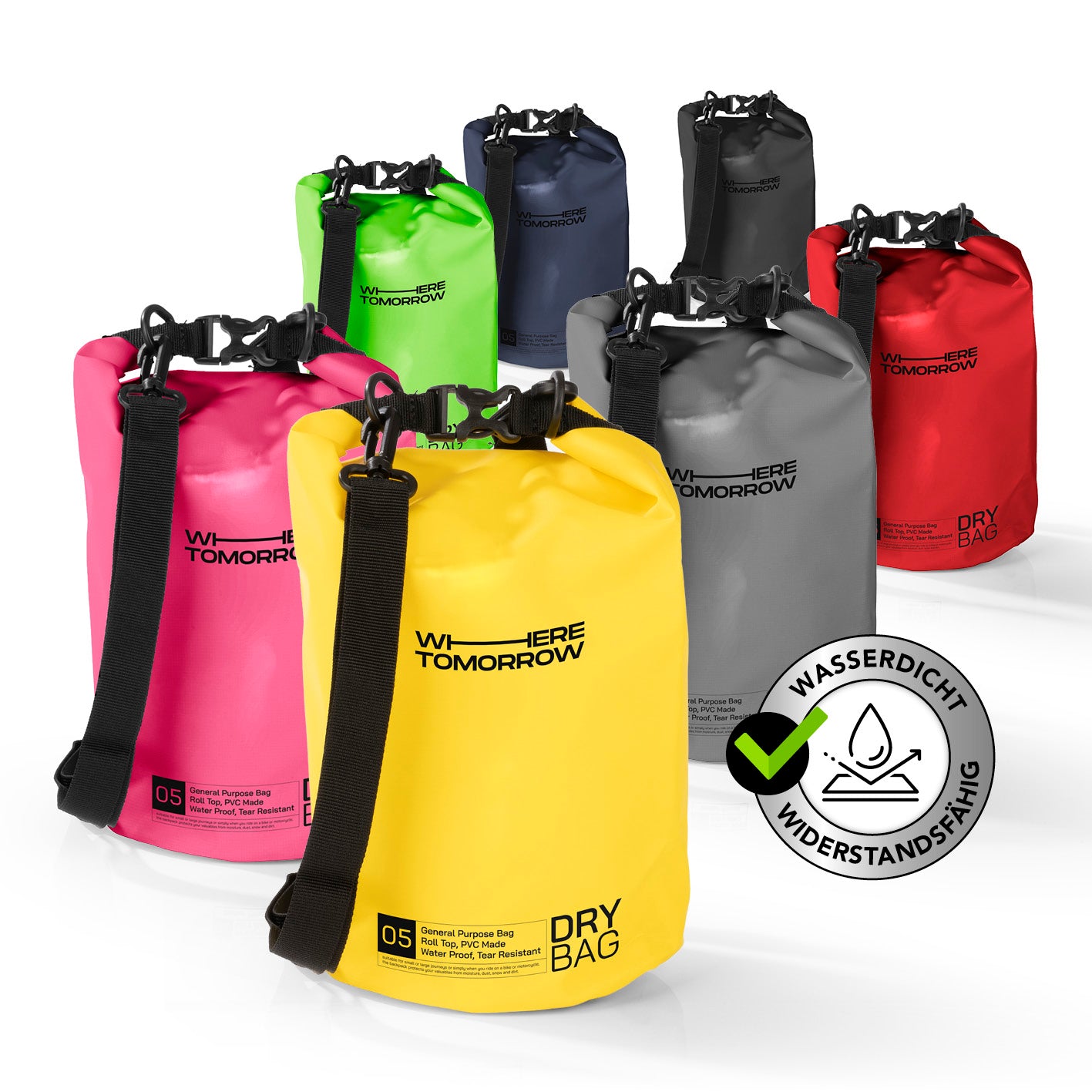 Dry Bag 5L - Style 01 - Gelb wasserdichter, robuster Outdoor-Rucksack mit praktischem Rolltop-Verschluss und verstellbarem Schultergurt.