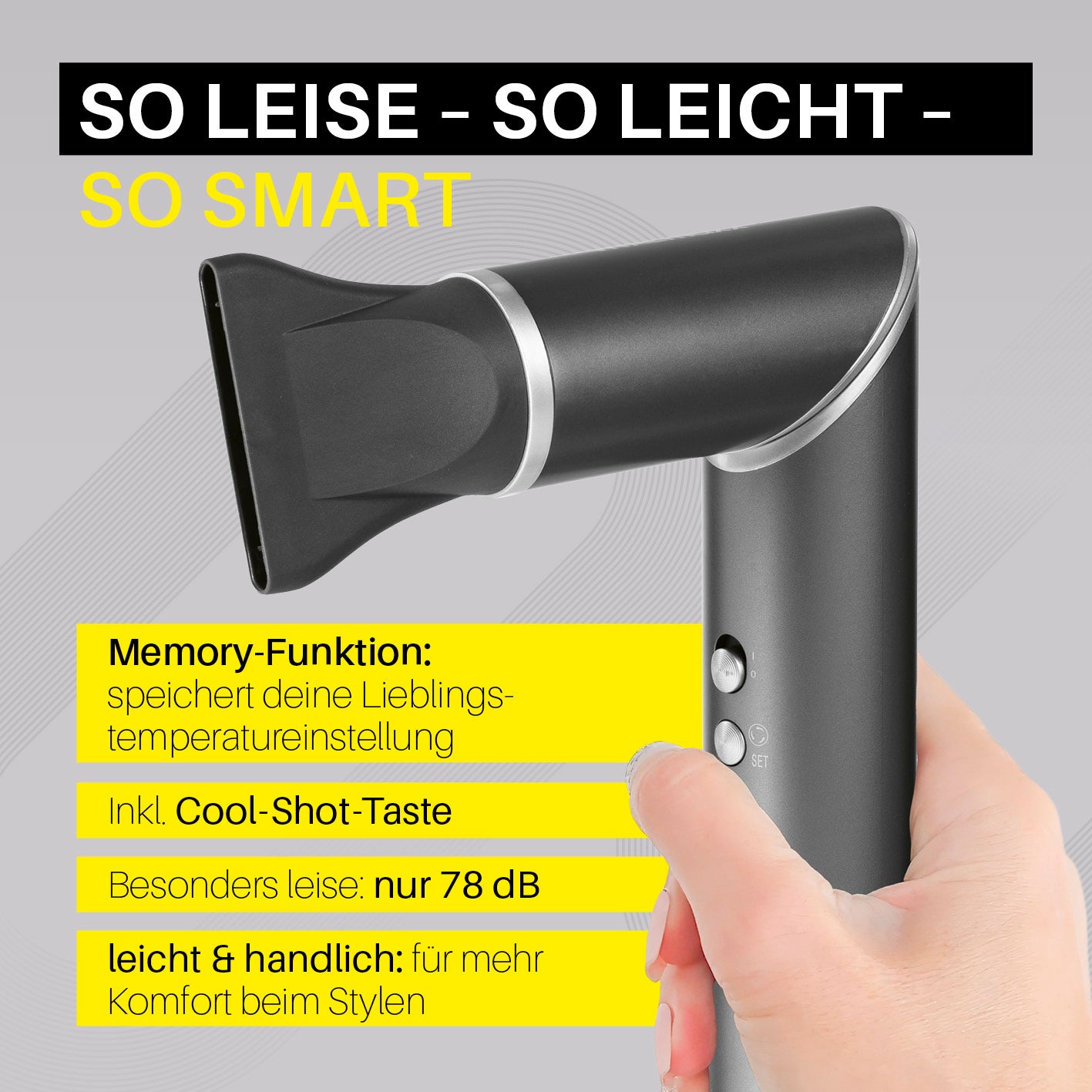 Hairstyler Flex kompakter, leiser Föhn mit Memory-Funktion, Cool-Shot-Taste und leichtem Handling für präzises Styling.