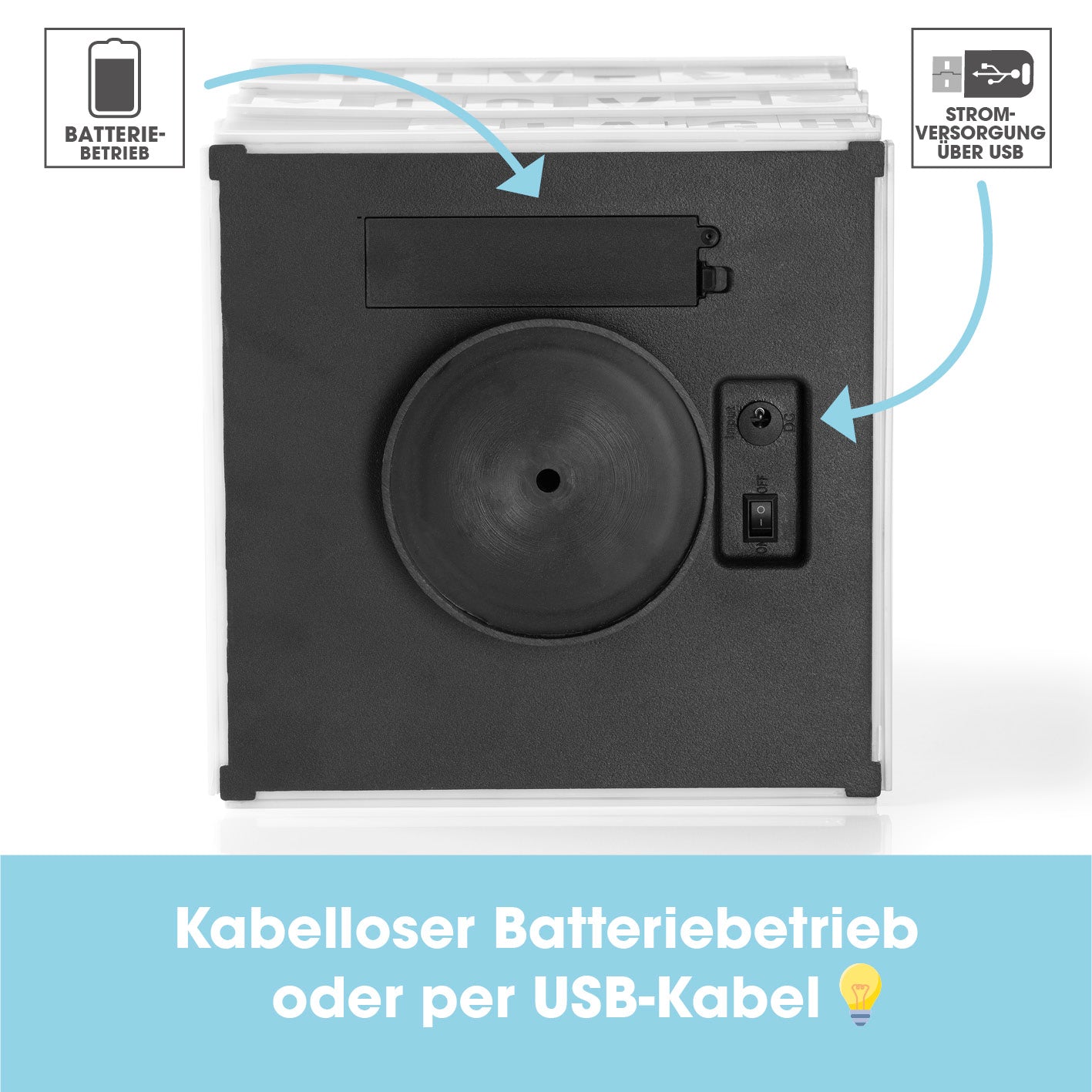 LED-Leuchtkasten Würfel - 173 Buchstaben & 150 Moodjis mit kabellosem Batteriebetrieb oder Stromversorgung über USB-Kabel.