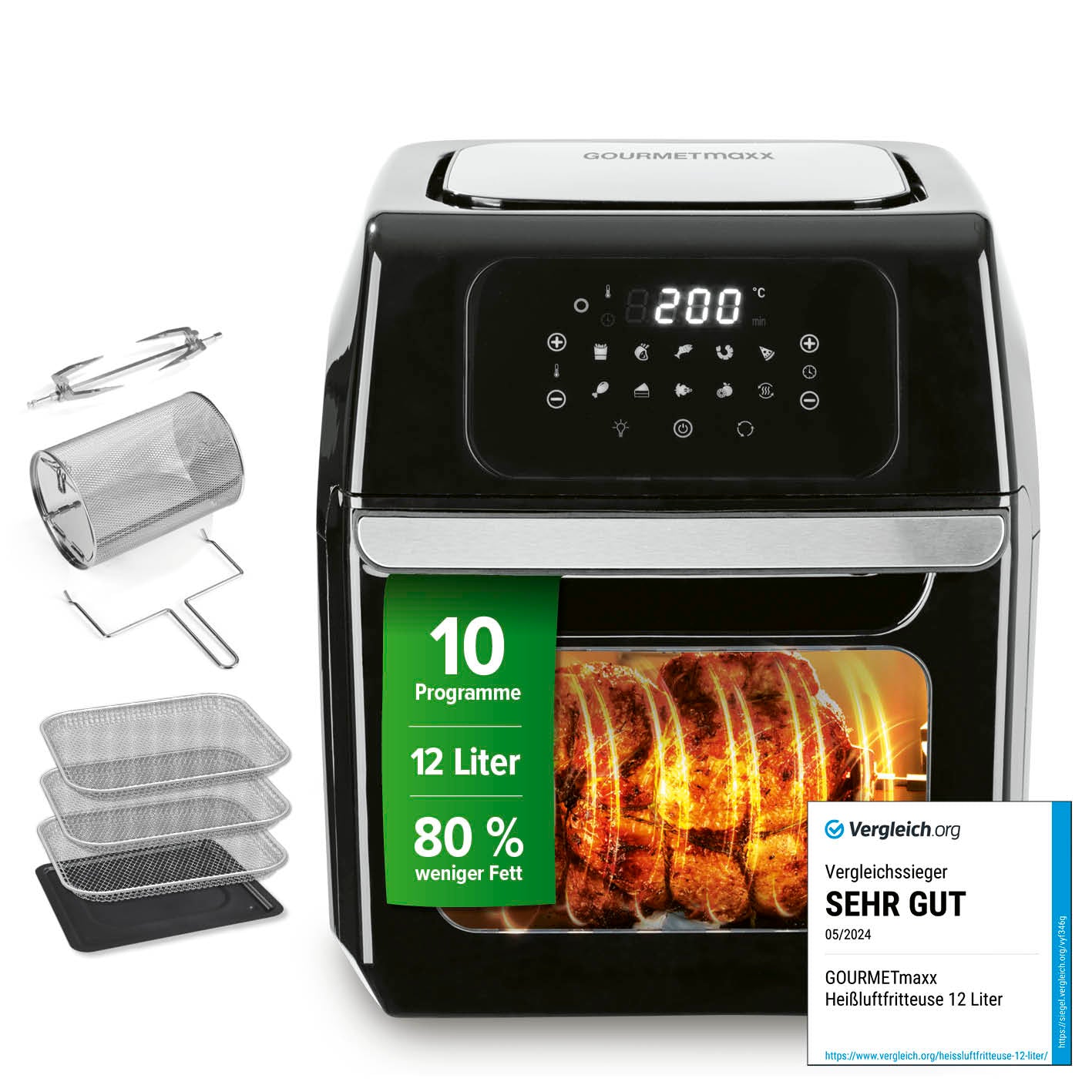 Digitale Heißluftfritteuse - 12 l - Schwarz mit 10 Programmen, 12 Liter Fassungsvermögen, fettarm und 200 °C Touchdisplay