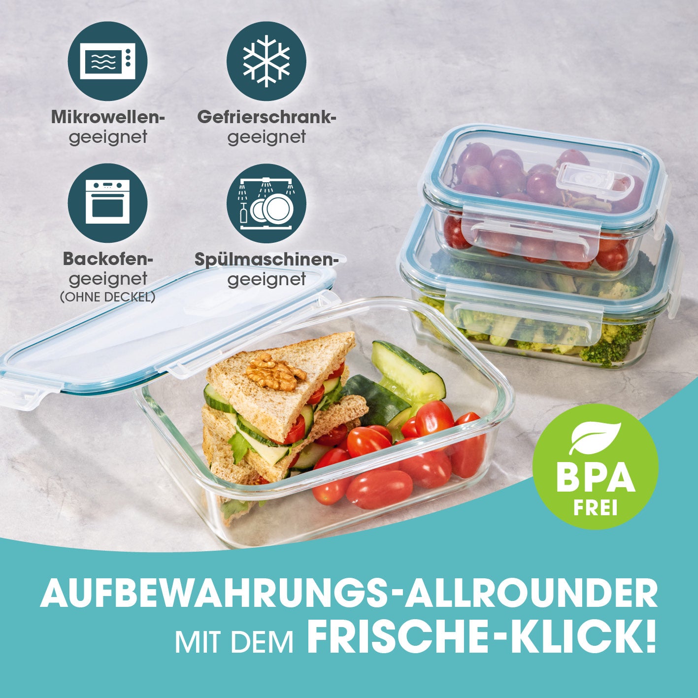 Glas-Frischhaltedosen mit Mikrowellenventi Klick-it - 6-tlg. - Grün, aromafrisch, mikrowellen- und gefrierschrankgeeignet, BPA frei.