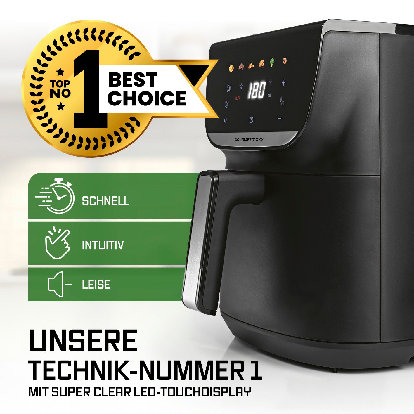 Heißluftfritteuse - 7,5 Liter mit 9,5 Zoll LED-Touchdisplay, 1700 Watt, fettarm, schnell, leise und intuitiv bedienbar.