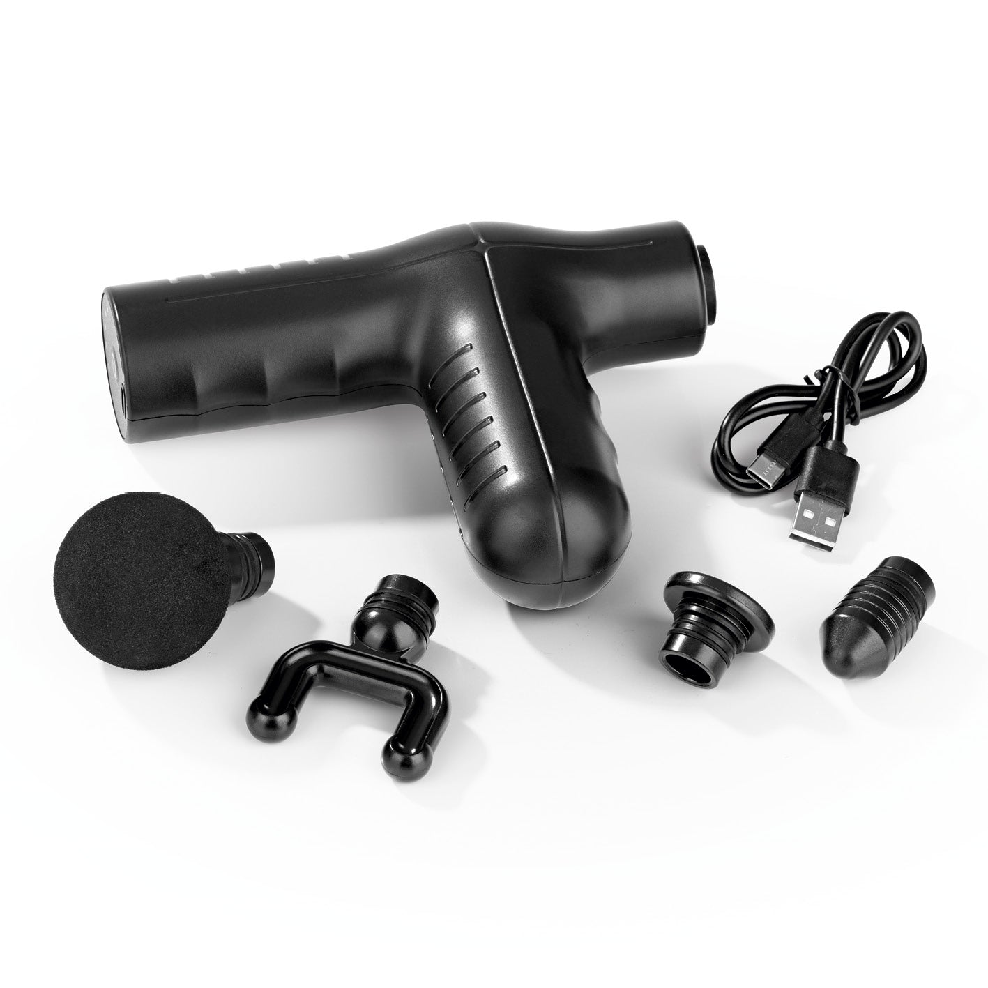 Mini-Massage Gun Smart Grip - schwarz mit 4 Aufsätzen, ergonomisch und kraftvoll für effektive Muskelmassage und Regeneration.