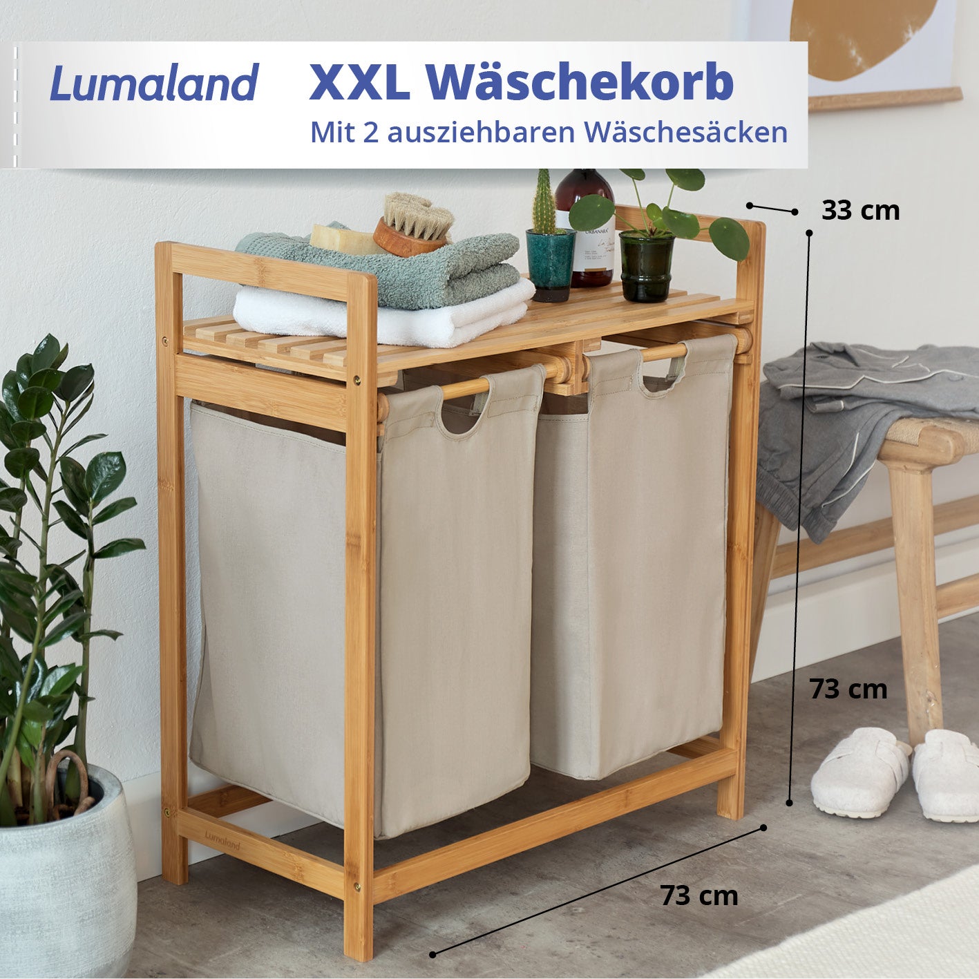 Bambus Wäschekorb mit 2 ausziehbaren Wäschesäcken, 73 x 64 x 33 cm, grau, stilvoll und pflegeleicht für Wäsche und Ordnung.
