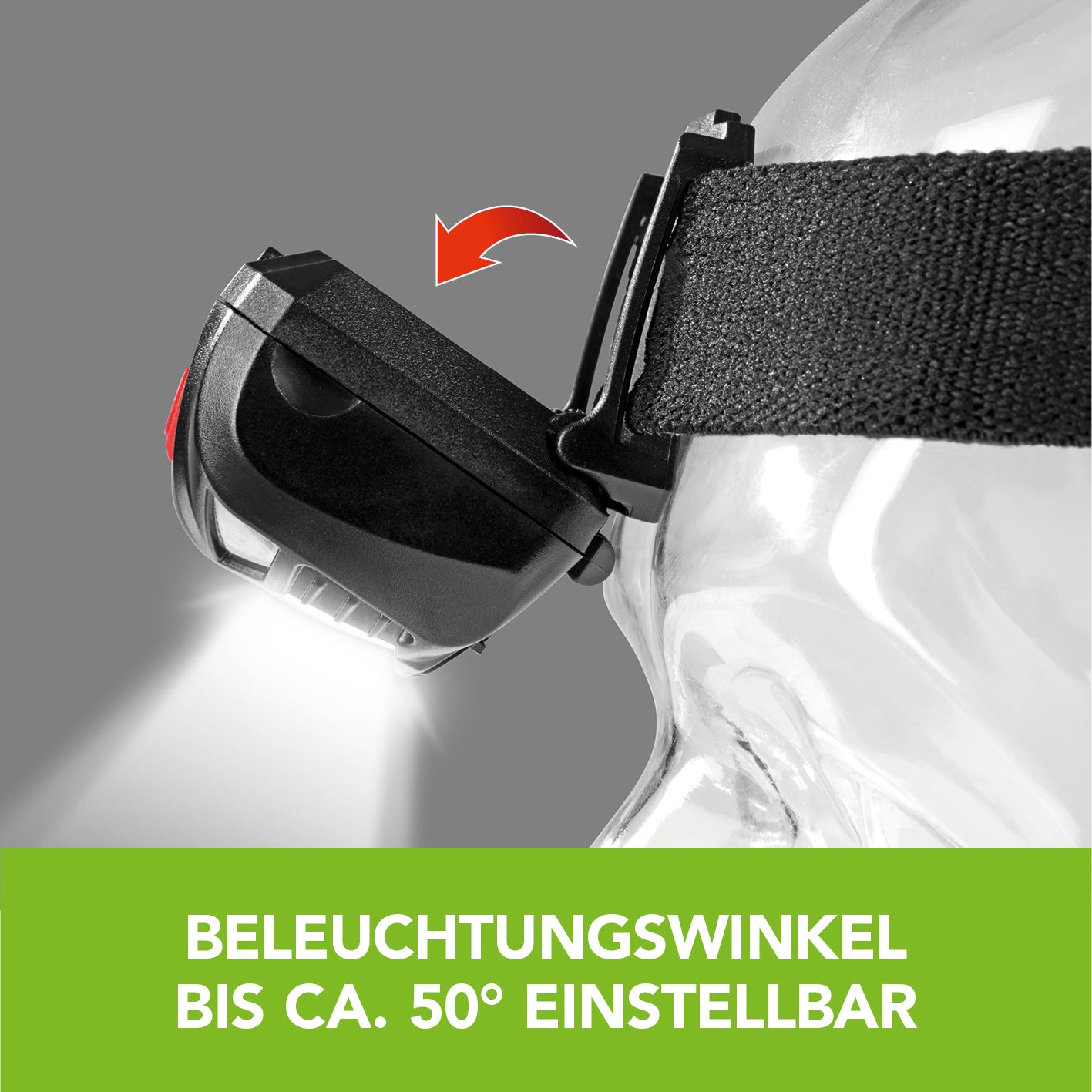 Stirnlampe schwarz/rot mit verstellbarem Beleuchtungswinkel bis zu 50 Grad und hellem Lichtstrahl für vielseitigen Einsatz