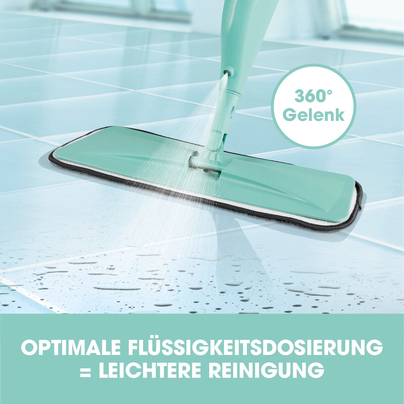 Spray-Mopp - 400 ml Wassertank - türkis mit integrierter Sprühfunktion und 360°-Gelenk für mühelose Bodenreinigung.