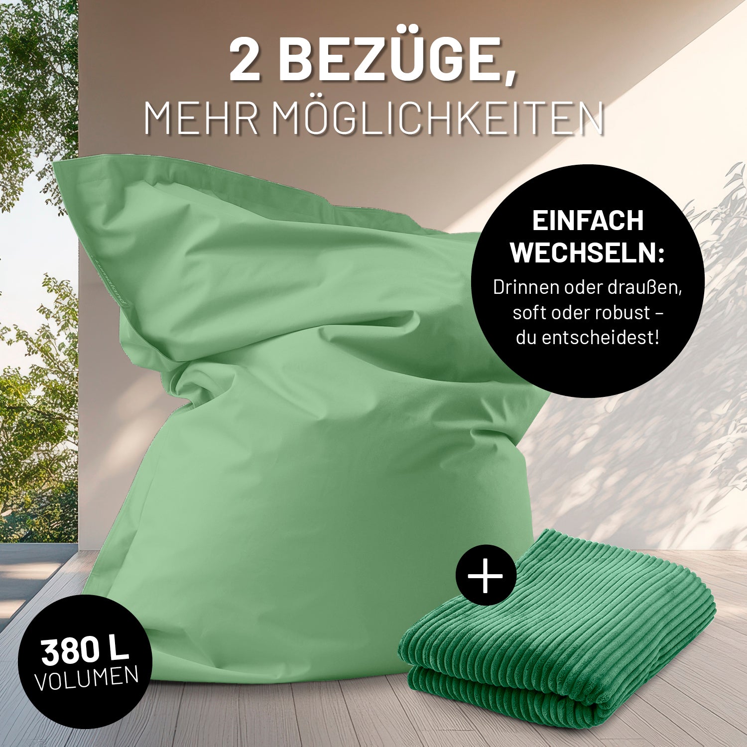 Sitzsack Classic XXL All-in-One Set - 380 L - 140 x 180 cm - Pastellgrün mit zwei Bezügen für innen und außen.