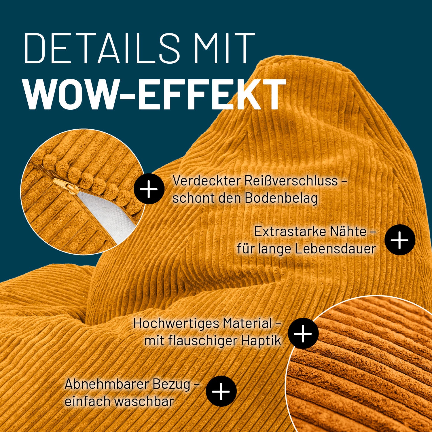 Sitzsack GIANT aus der Cord-Reihe - Senfgelb mit verdecktem Reißverschluss, extrastarken Nähten und abnehmbarem, waschbarem Bezug.