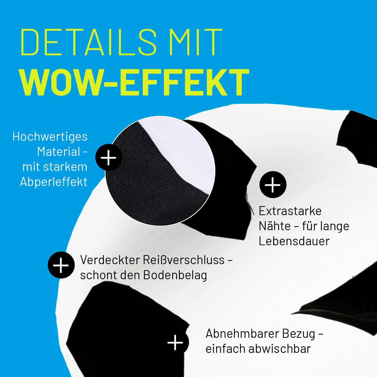 Luxury Fußball Sitzsack (170 L) mit hochwertigem Material, abnehmbarem Bezug, verstecktem Reißverschluss und extra starken Nähten für Indoor & Outdoor.