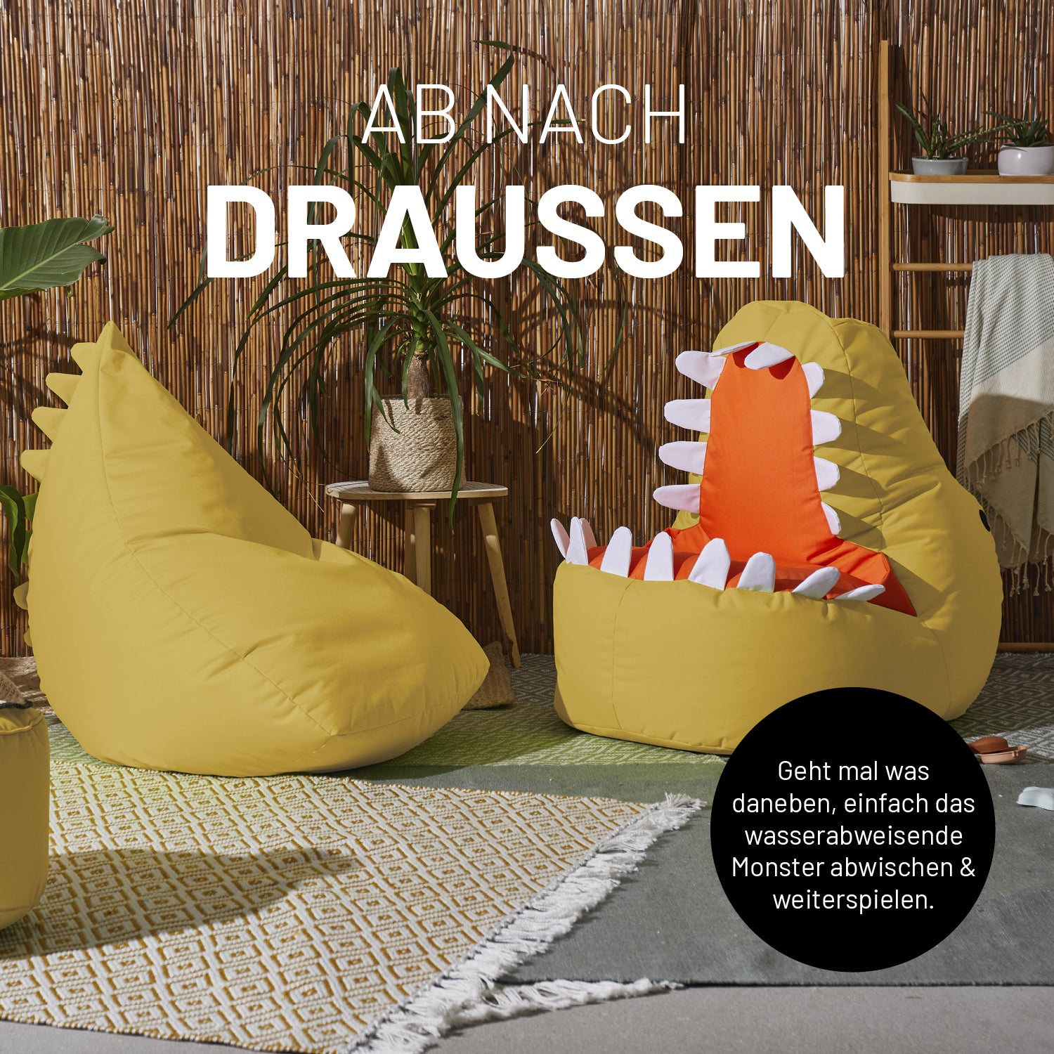 Kindersitzsack-Set "Dino" 2-tlg. in Senfgelb, wasserabweisend, für drinnen und draußen, mit weicher EPS-Füllung und robusten Nähten.