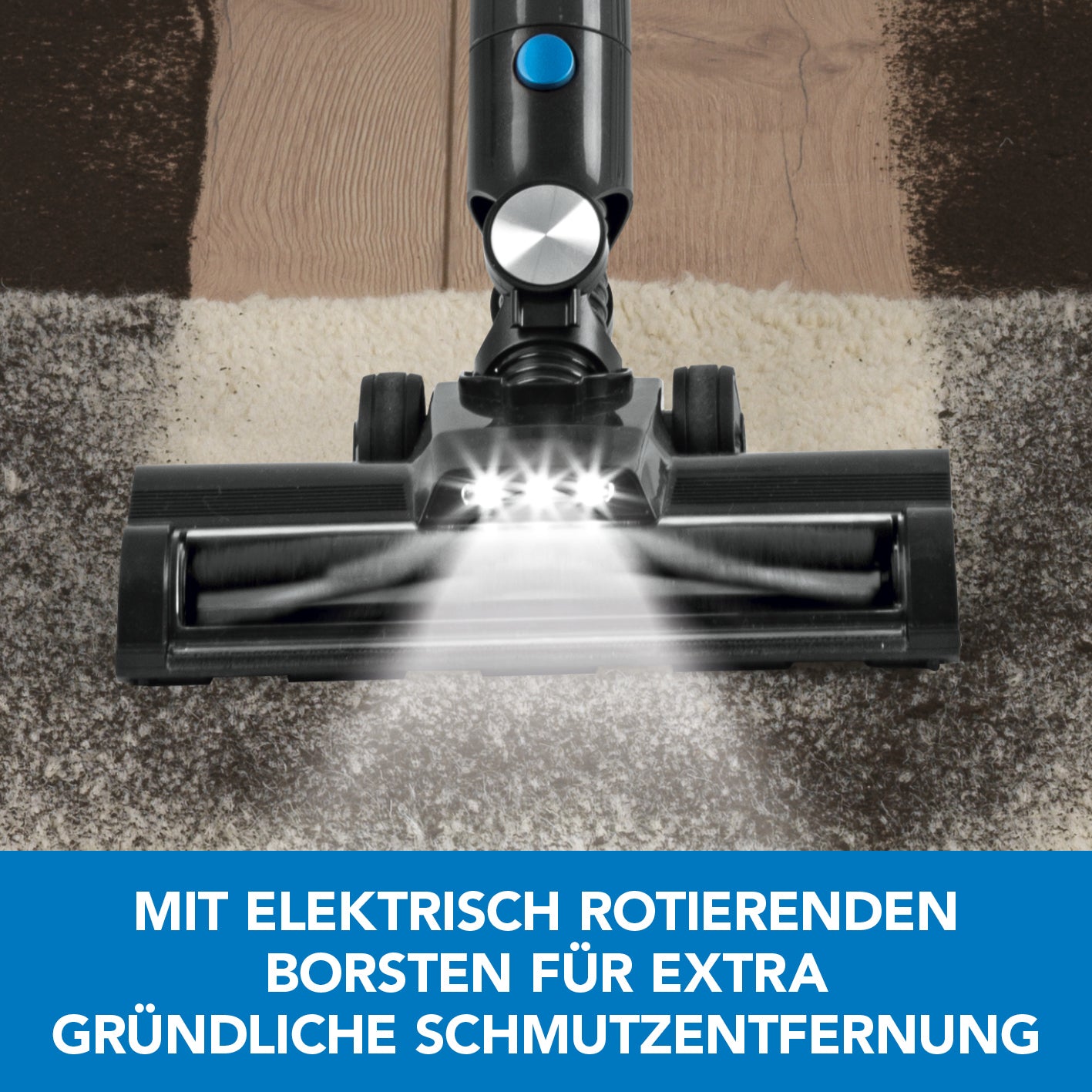 Akku-Zyklon-Staubsauger Digital-Display anthrazit/silber/blau mit elektrischer Bodendüse und rotierenden Borsten für gründliche Reinigung.