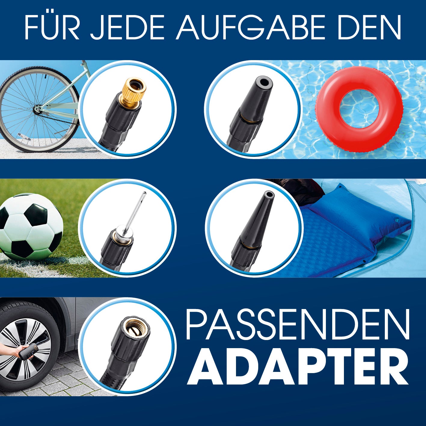 Akku-Handkompressor mit 4 passenden Adaptern für Fahrrad, Auto, Bälle und Schwimmringe effizientes Aufpumpen