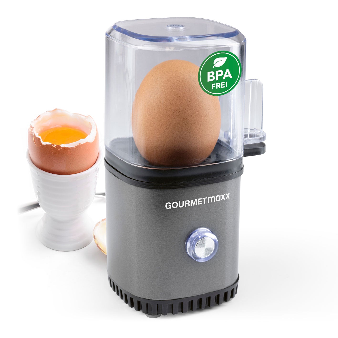 Design-Eierkocher 1 Ei - Anthrazit mit BPA-freiem Deckel, kompakt, für perfekte Eier in drei Härtegraden ohne Herd oder Topf