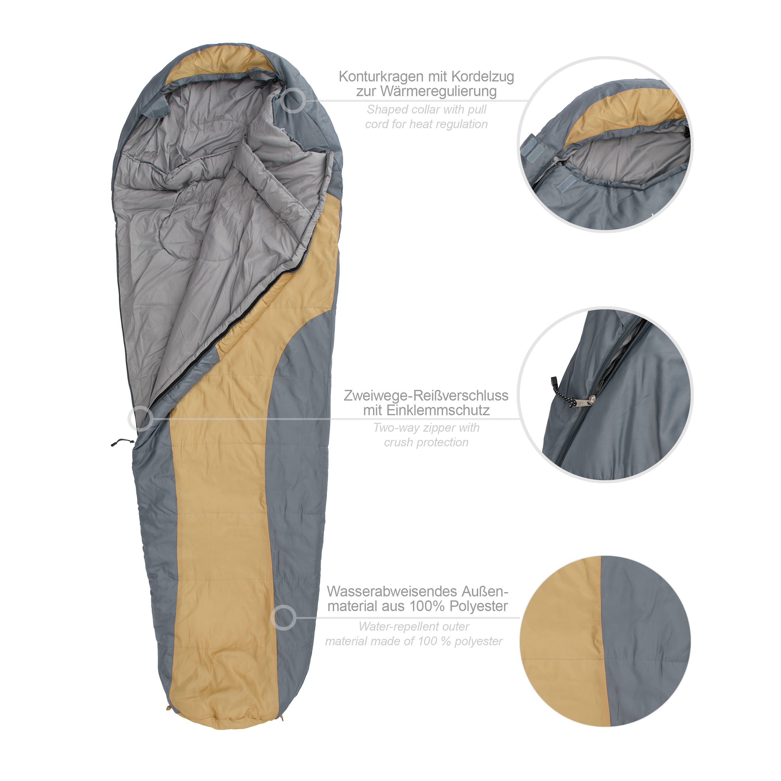 Camping Schlafsack Classic - Mumienschlafsack mit Tasche in Curry, wasserabweisend, mit Konturkapuze und Kordelzug, 230 x 80 x 55 cm.