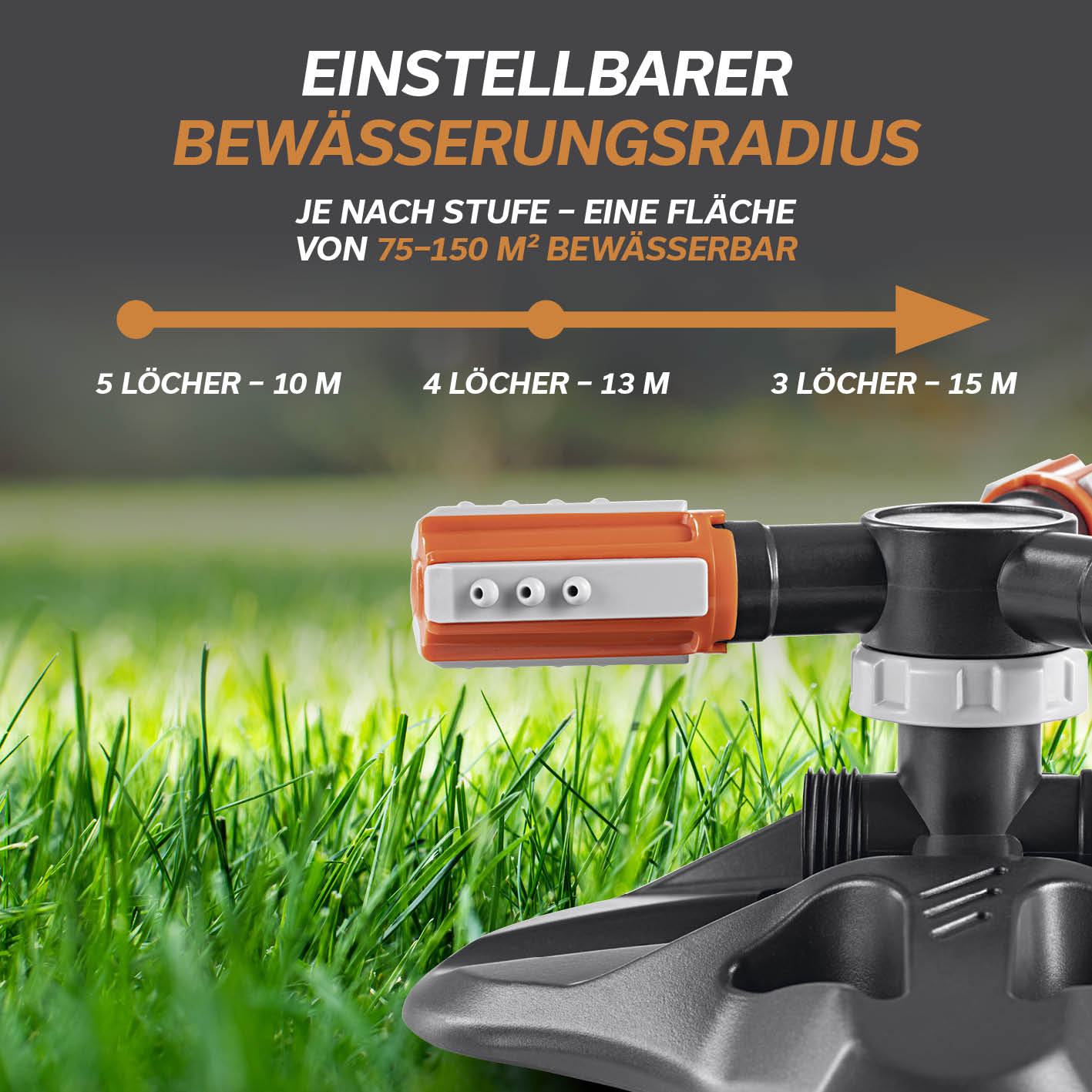 360°-Gartensprinkler - 2er-Set mit einstellbarem Bewässerungsradius für Flächen von 75–150 m² und 3 Sprüharme mit verschiedenen Düsen.