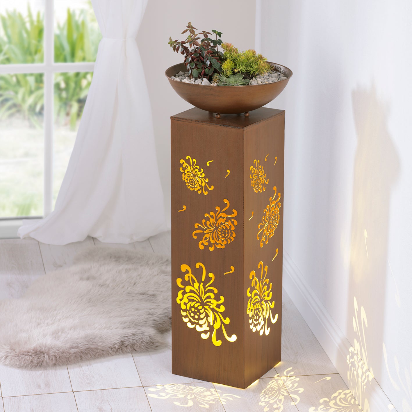 LED-Dekosäule mit Planzschale Rost-Optik "Bauernrose" 87 cm, LED-Beleuchtung, floral, batteriebetrieben, Timer, für Innen- und Außenbereiche.