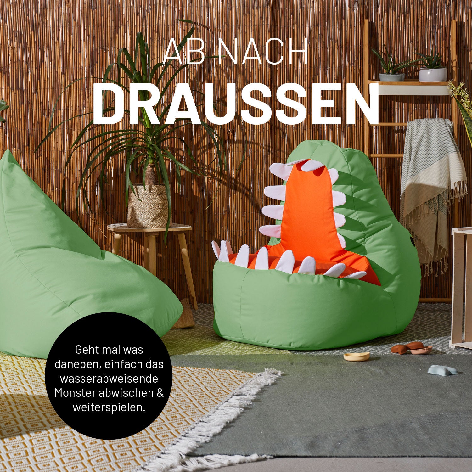 Kindersitzsack Animal Line Dino (270 L) in Pastell Grün, wasserabweisend, weich, ideal für drinnen und draußen, robust und pflegeleicht.