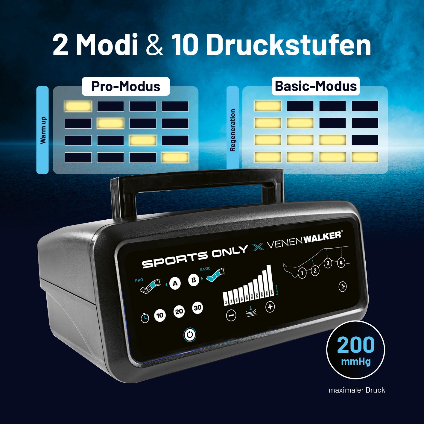 Massageboots zur Kompressionstherapie mit 10 Intensitätsstufen und 2 Modi für individuelle Beinmassage und Regeneration bis 200 mmHg.