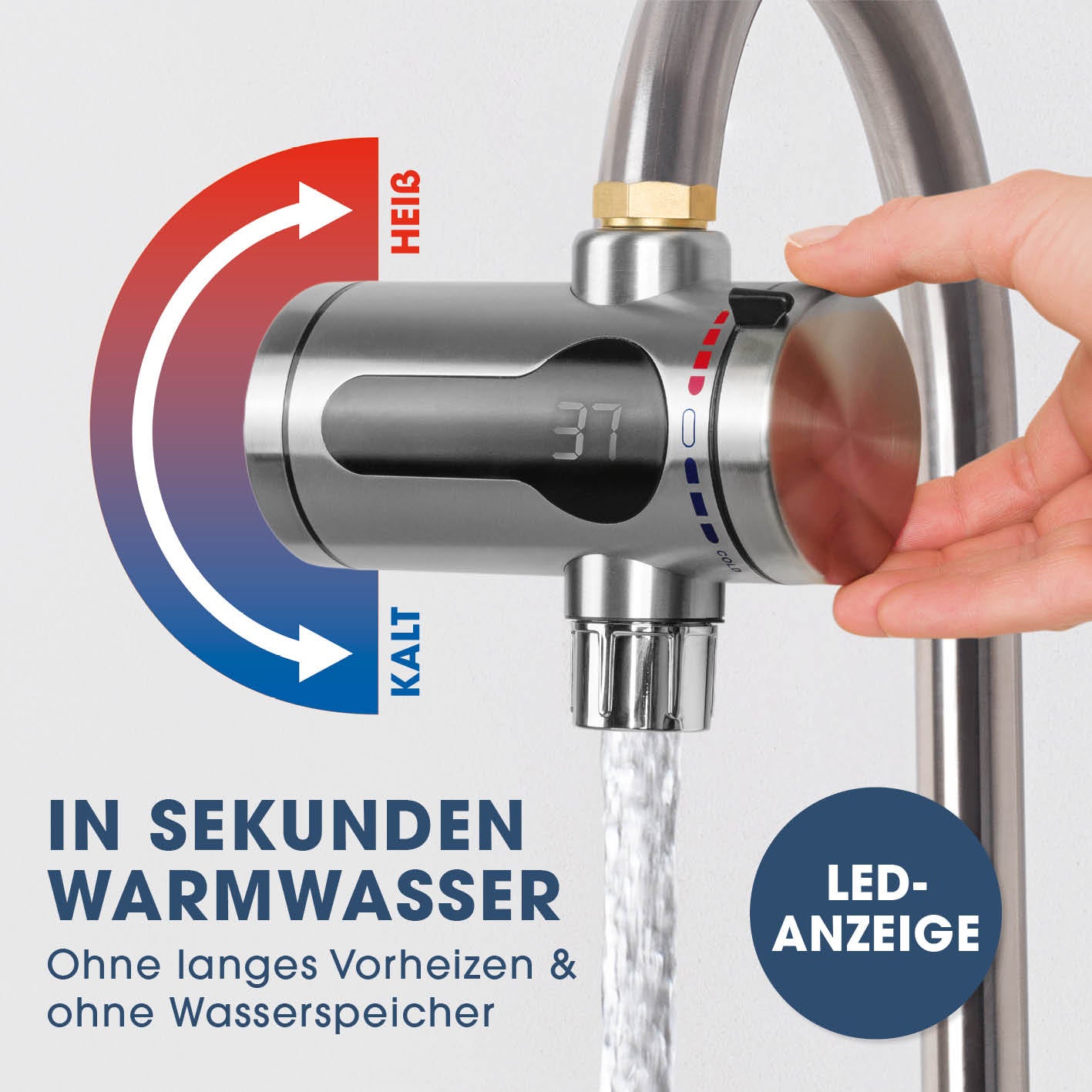 Edelstahl-Durchlauferhitzer mit LED-Digitalanzeige für sofort warmes Wasser, einfache Installation, robust und leistungsstark.
