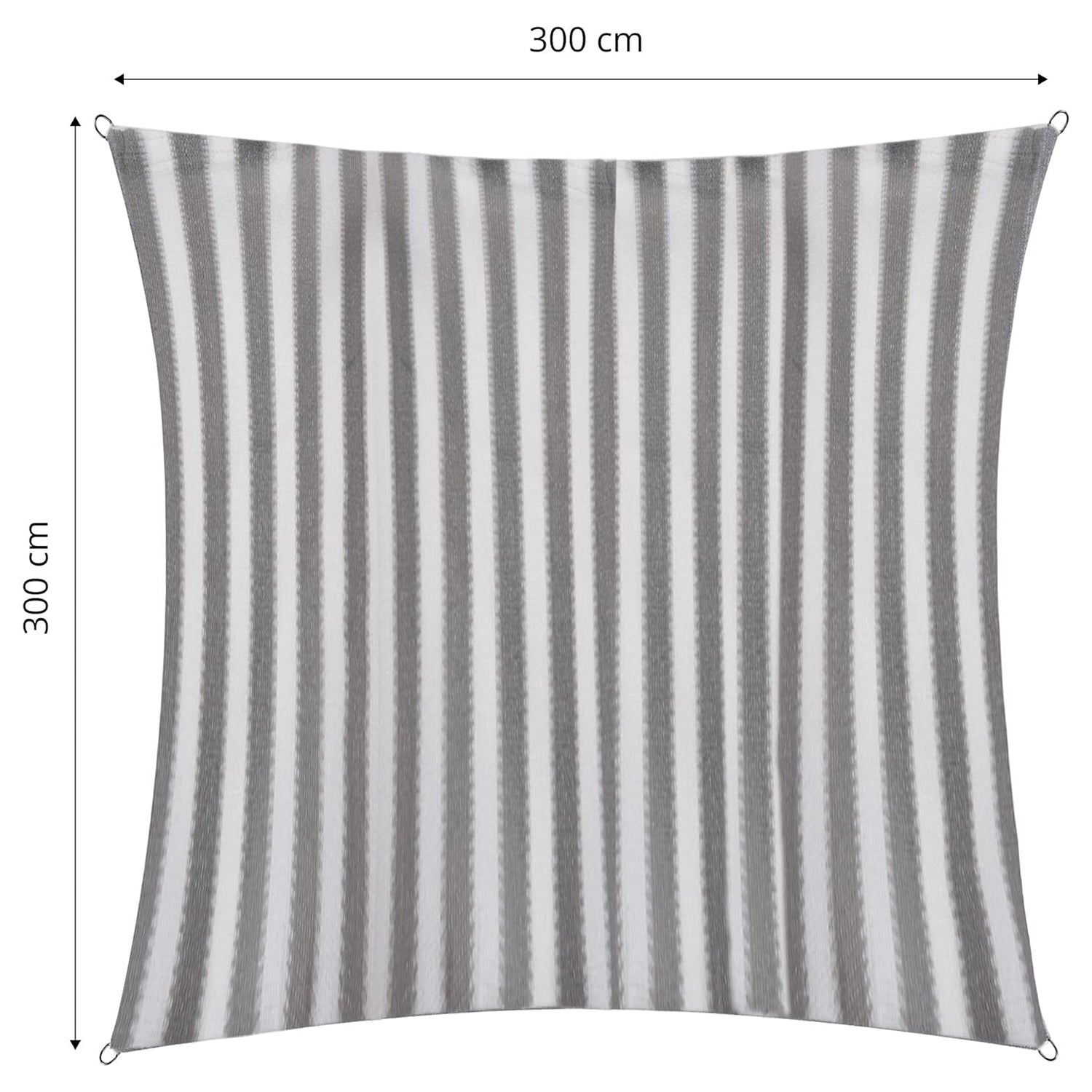 Sonnensegel 100% HDPE mit Stabilisator für UV-Schutz - Quadrat 3 x 3 Meter - Grau/Weiß mit Befestigungsringen und Streifenmuster.