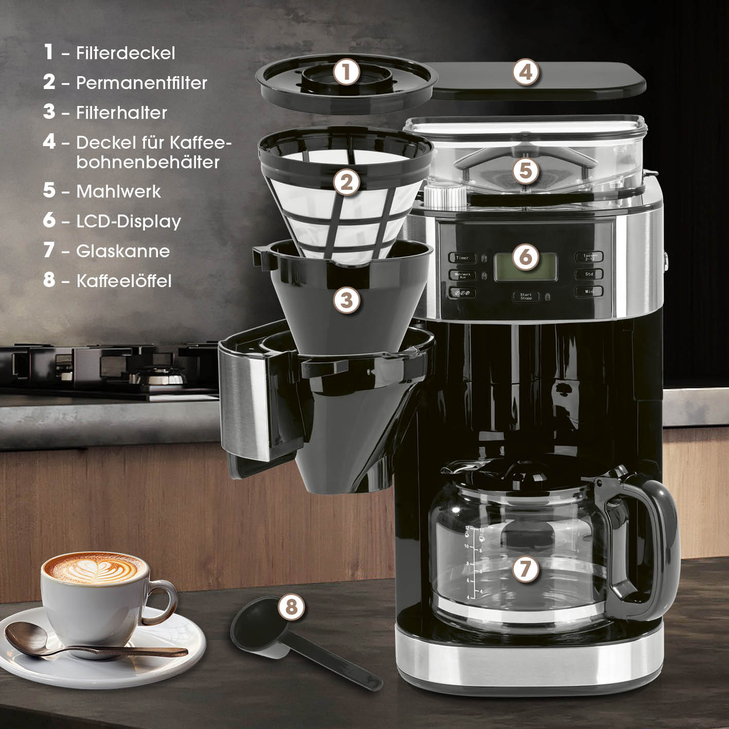 Kaffeemaschine mit Mahlwerk mit digitalem LCD-Display, Glaskanne für 12 Tassen, Permanentfilter und 24-Stunden-Timer.