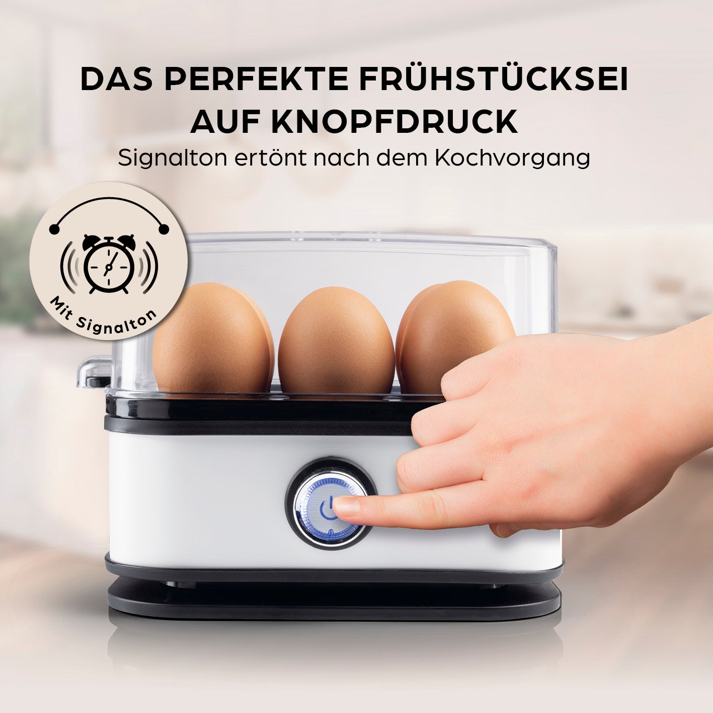 Design-Eierkocher 6 Eier - Weiß mit Signalton für perfekte Frühstückseier auf Knopfdruck, platzsparend und einfach bedienbar