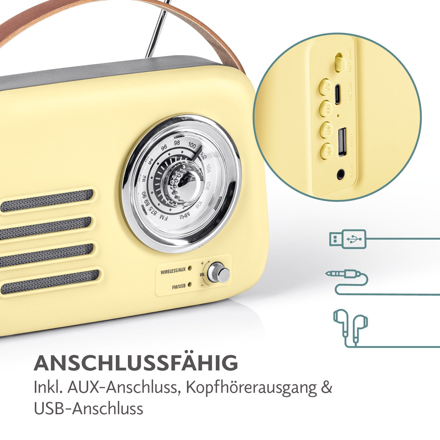 Radio Retro - Stil der 50er-Jahr - Vanille mit AUX, Kopfhörerausgang und USB-Anschluss für kabelloses Musikhören und Aufladung.