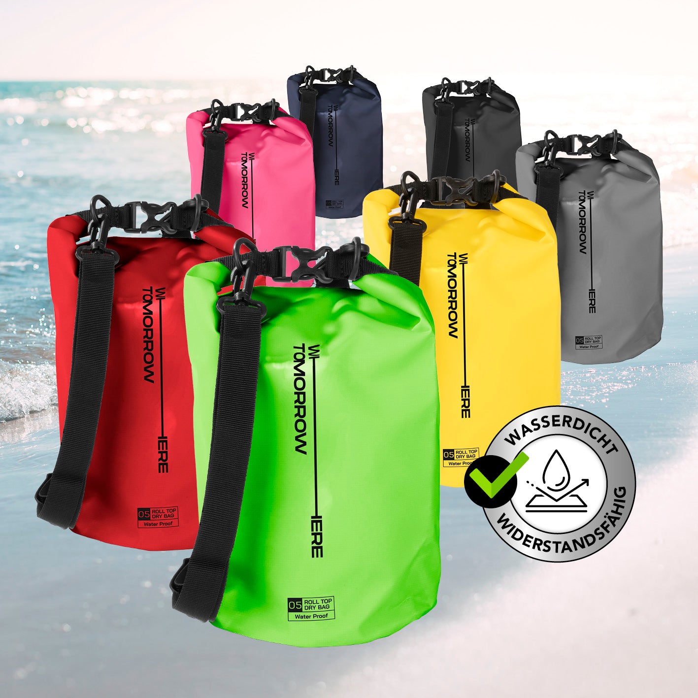 Dry Bag 5L - Style 02 - Grün, wasserfester und robuster Outdoor-Rucksack mit verstellbarem Schultergurt und Rolltop-Verschluss.