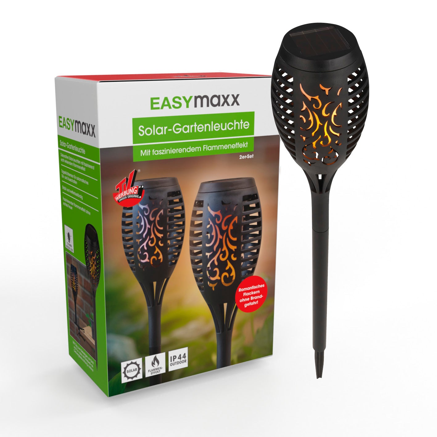Solar-Fackel LED mit Erdspieß und Clip - 2er-Set, wetterbeständige Solar-Gartenleuchte mit realistischem Flammeneffekt und praktischem Clip und Erdspieß.