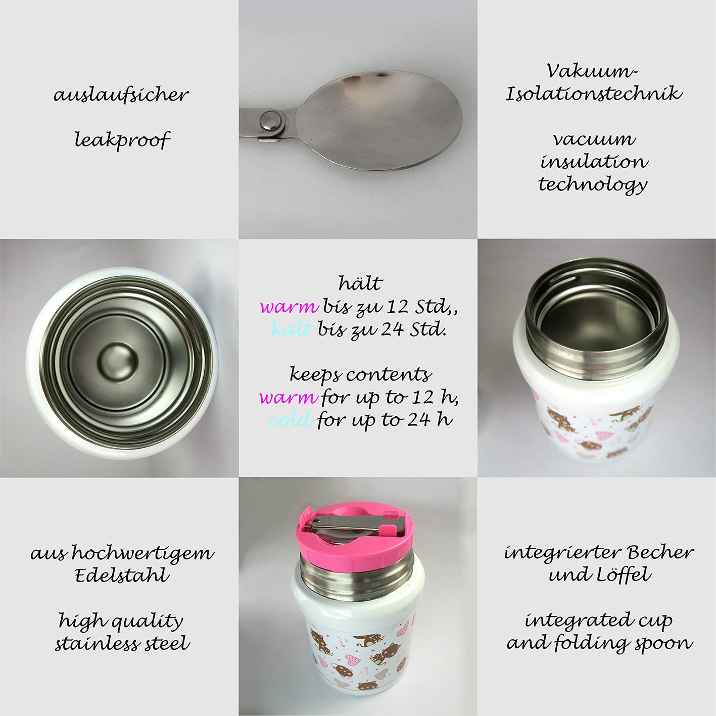 Thermobehälter 450 ml - Katzen/Rosa mit auslaufsicherer Edelstahl-Isolierung, integriertem Löffel und bis zu 12h warm, 24h kalt.