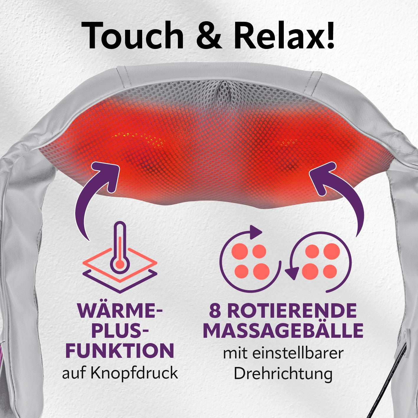 Shiatsu-Massagegerät mit Wärmefunktion und 8 rotierenden Massagebällen für individuelle Entspannung und flexible Anwendung.
