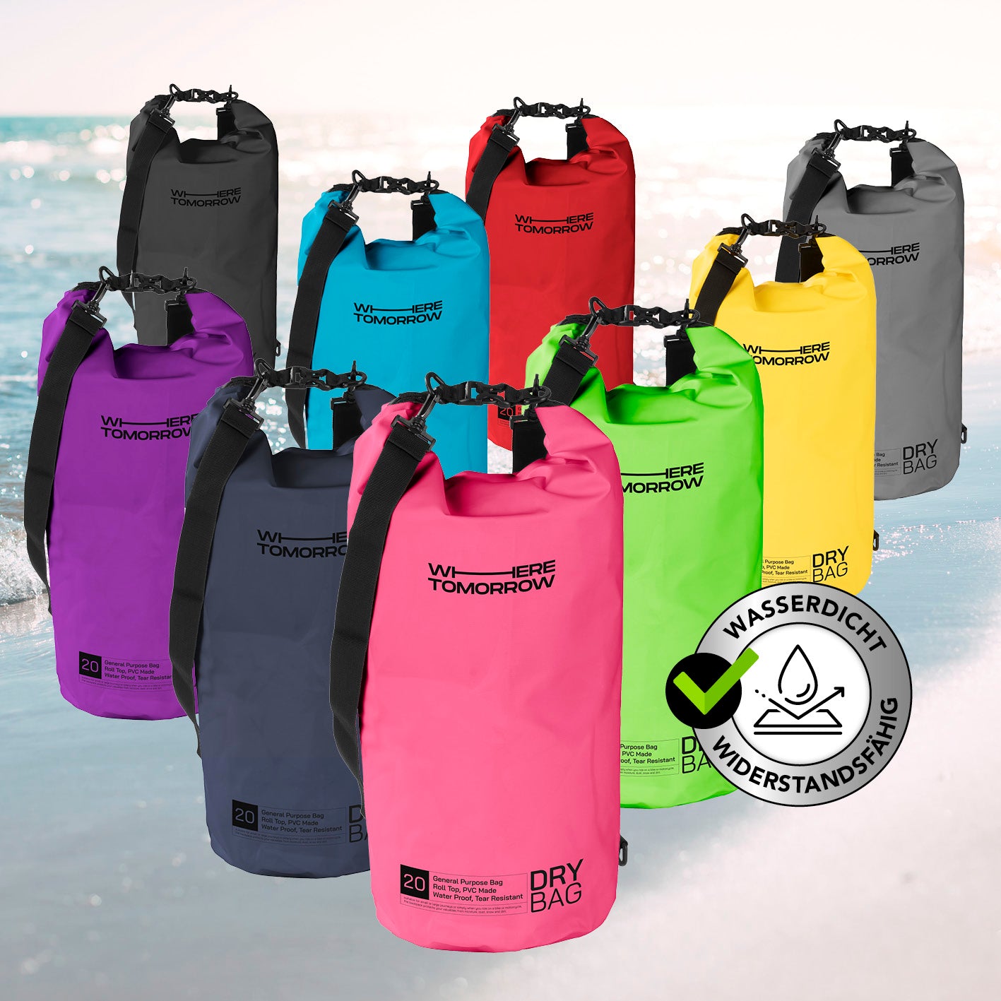 Dry Bag 20L - Style 01 - Pink wasserdichter, robuster Outdoor-Rucksack mit verstellbarem Schultergurt und Rolltop-Verschluss.
