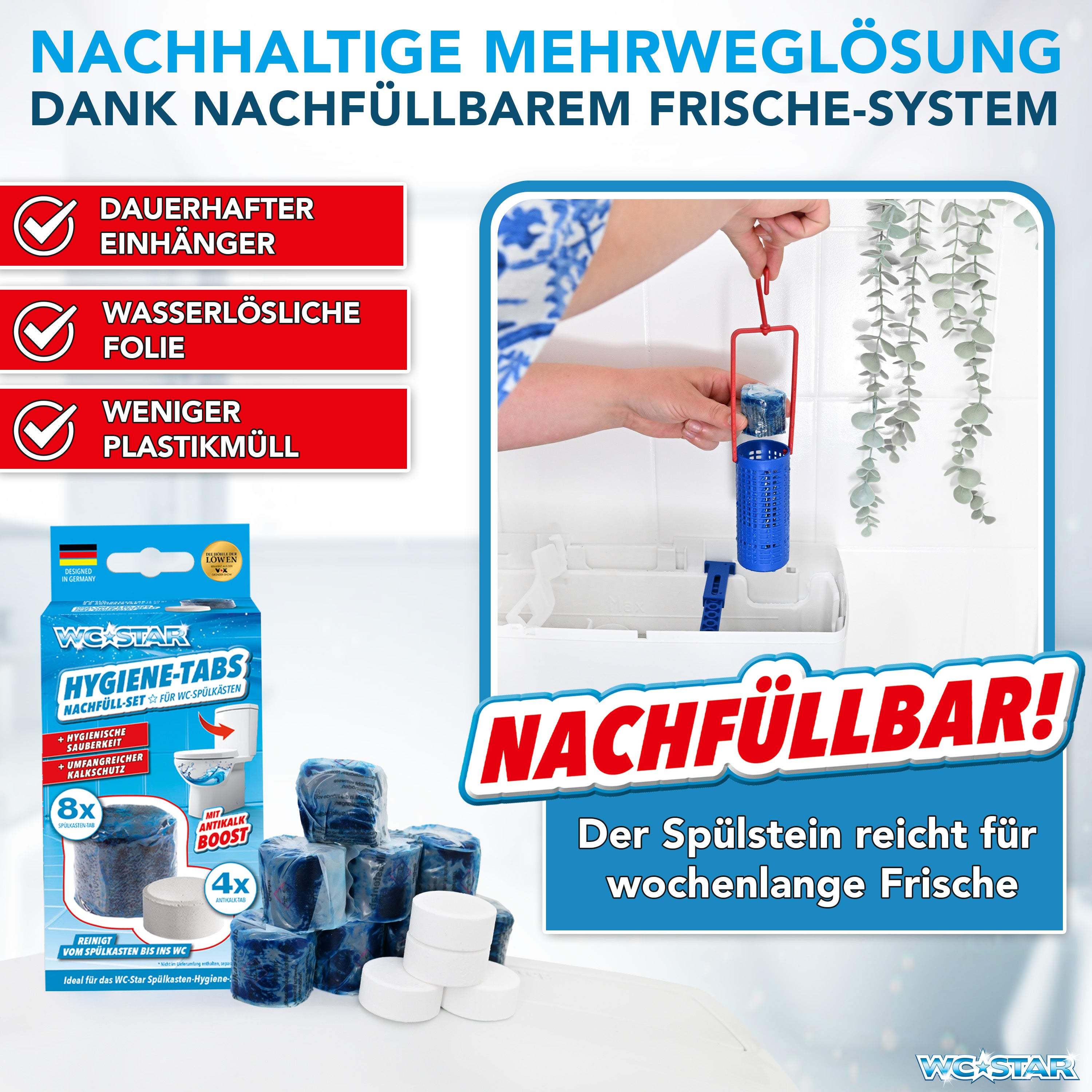 WC-Star Spülkasten-Hygiene-Set mit nachfüllbarem Einhänger, Hygiene- und Antikalk-Tabs für langanhaltende Frische im WC-System.