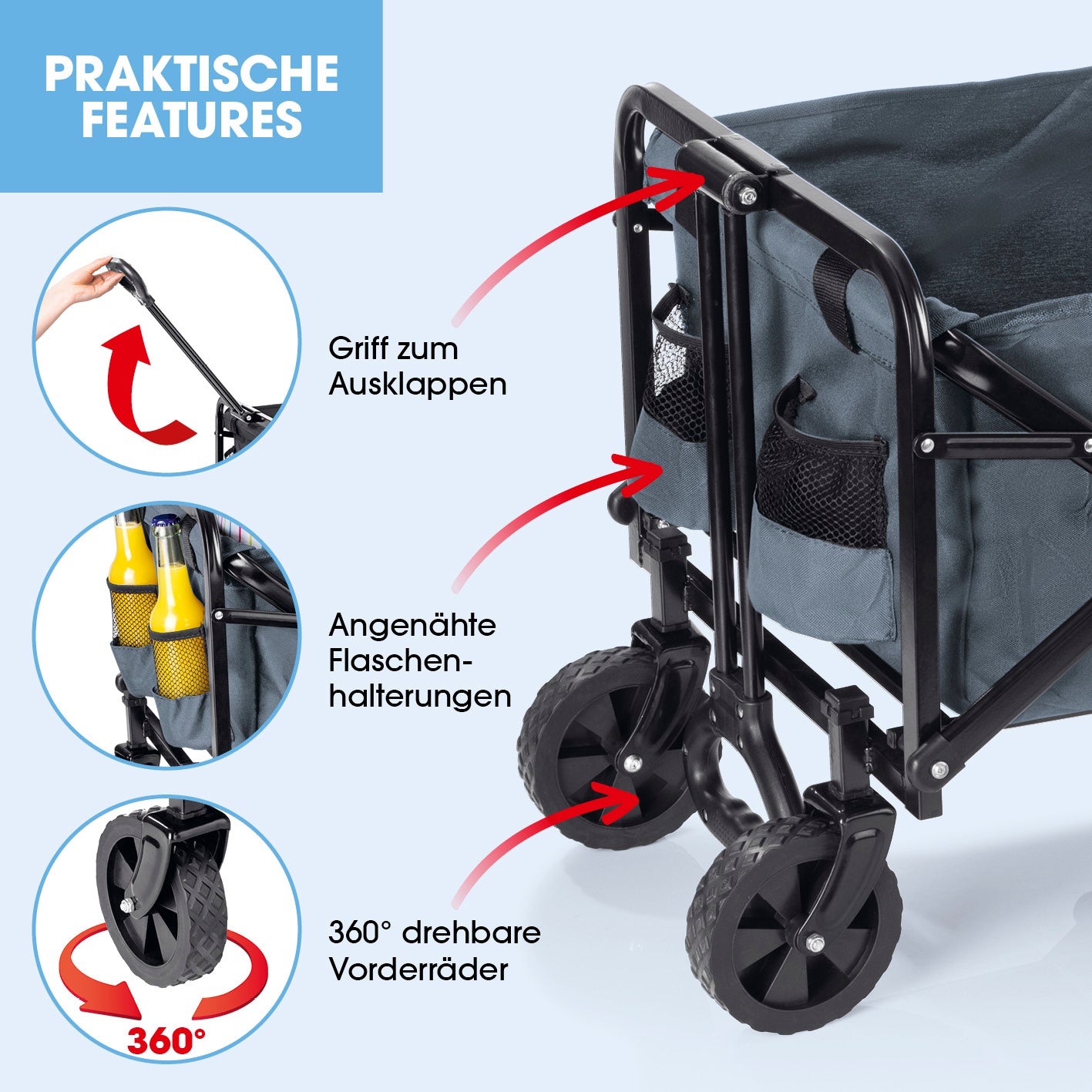 Klapp-Bollerwagen mit Griff zum Ausklappen, 360° drehbaren Vorderrädern und angenähten Flaschenhalterungen, stabil und platzsparend.