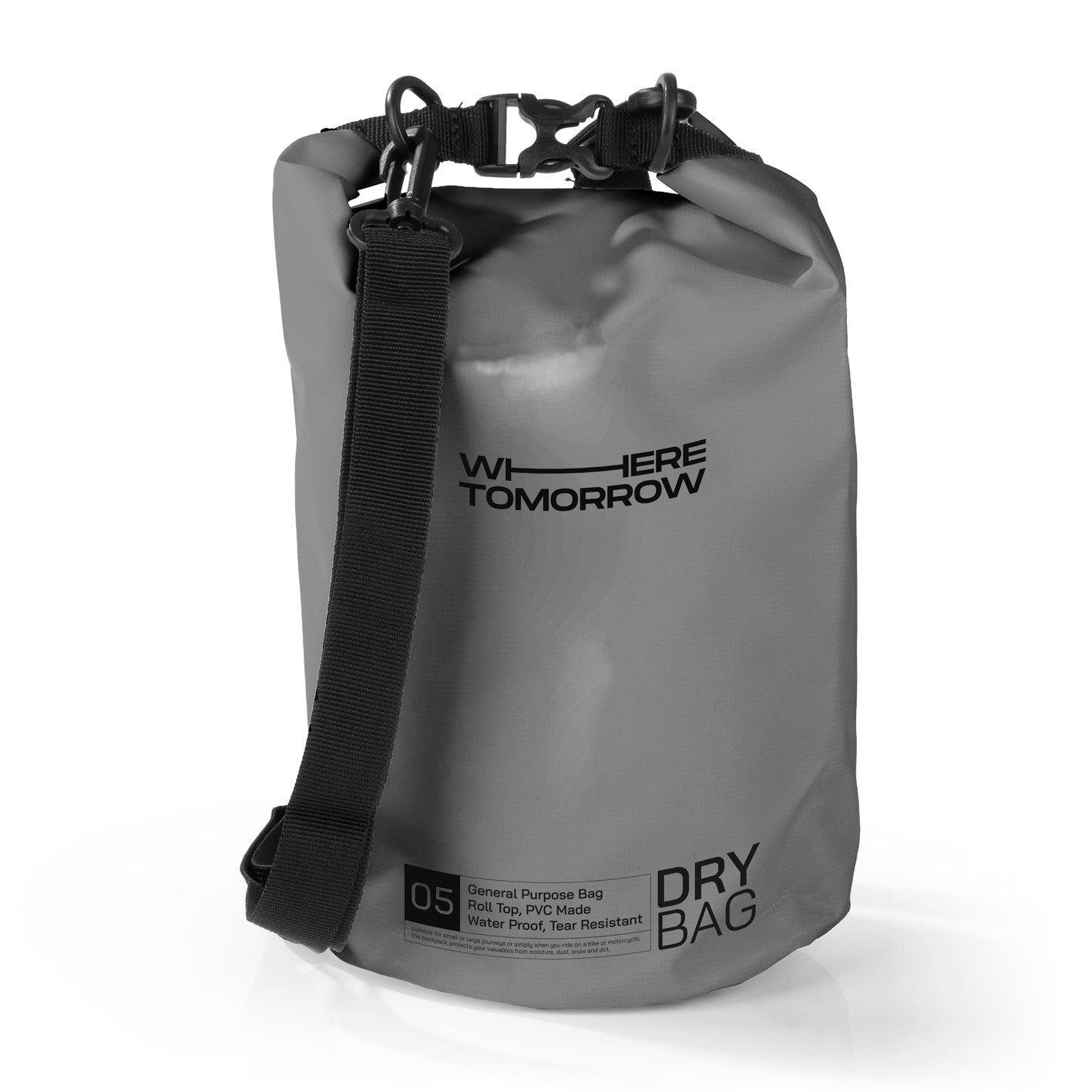 Dry Bag 5L - Style 01 - Grau, wasserdichter Outdoor-Rucksack mit robustem Rolltop-Verschluss und verstellbarem Schultergurt.
