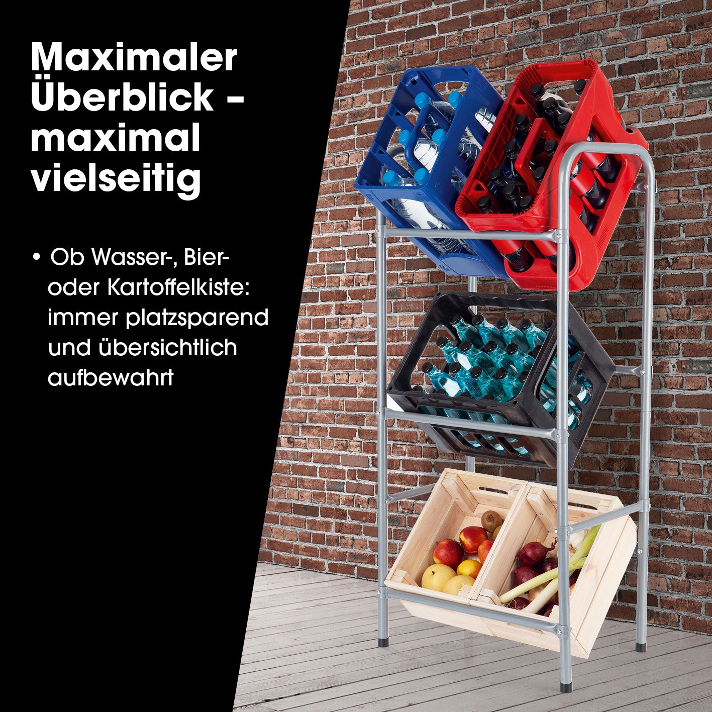 Getränkekistenregal aus Metall für 3 Kästen 2er-Set, platzsparend, stabil, für Getränke- und Obstkisten, übersichtlich und leicht zugänglich.