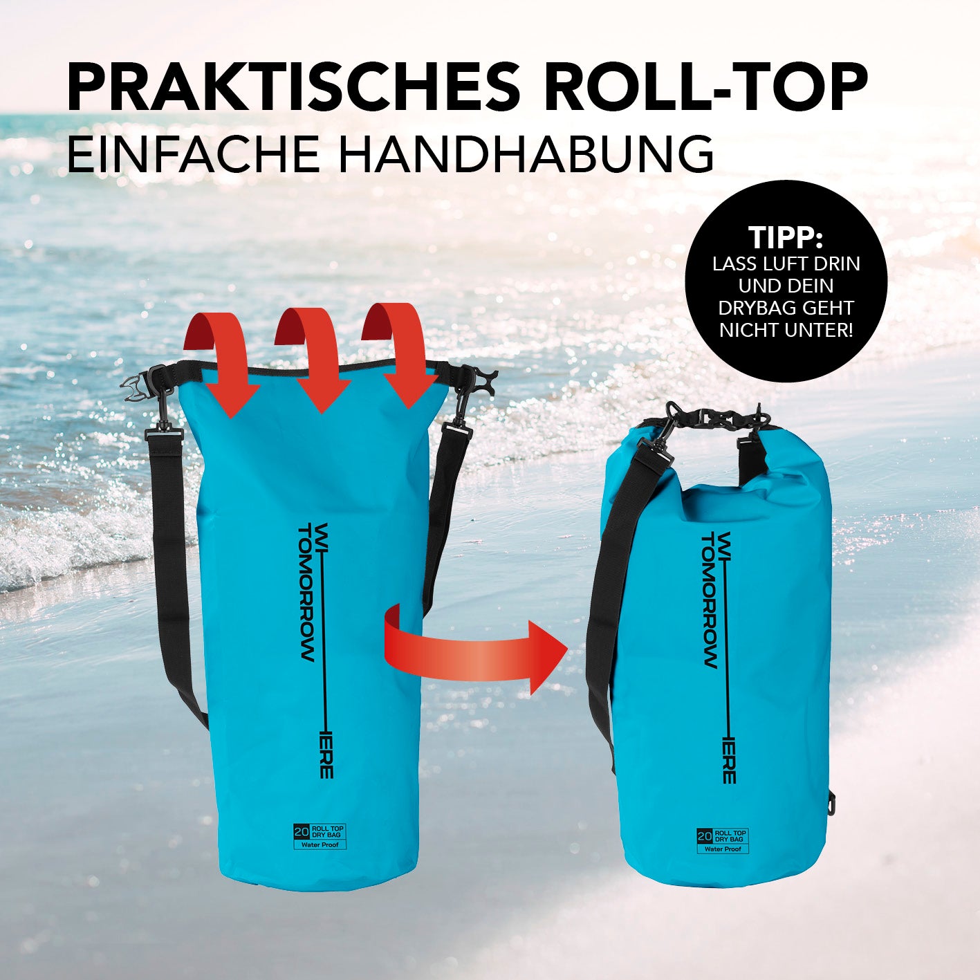 Dry Bag 20L - Style 02 - Himmelblau mit wasserdichtem Rolltop-Verschluss, ideal für Outdoor-Abenteuer und sichere Aufbewahrung.