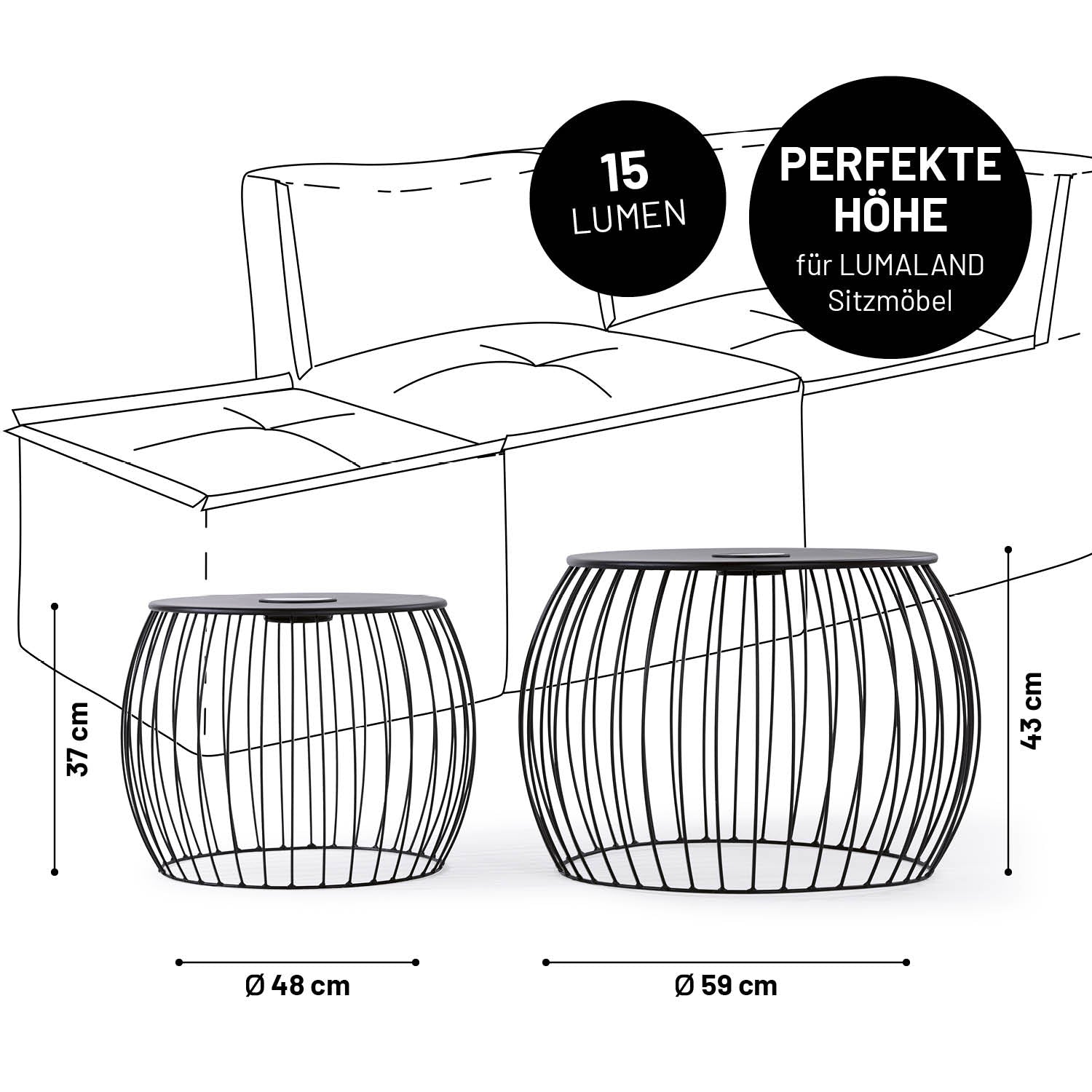 Beistelltisch - 2er-Set mit Solar-LED, 59x43 cm & 48x37 cm, wetterbeständig, perfekt zu LUMALAND Sitzmöbeln, Indoor & Outdoor.