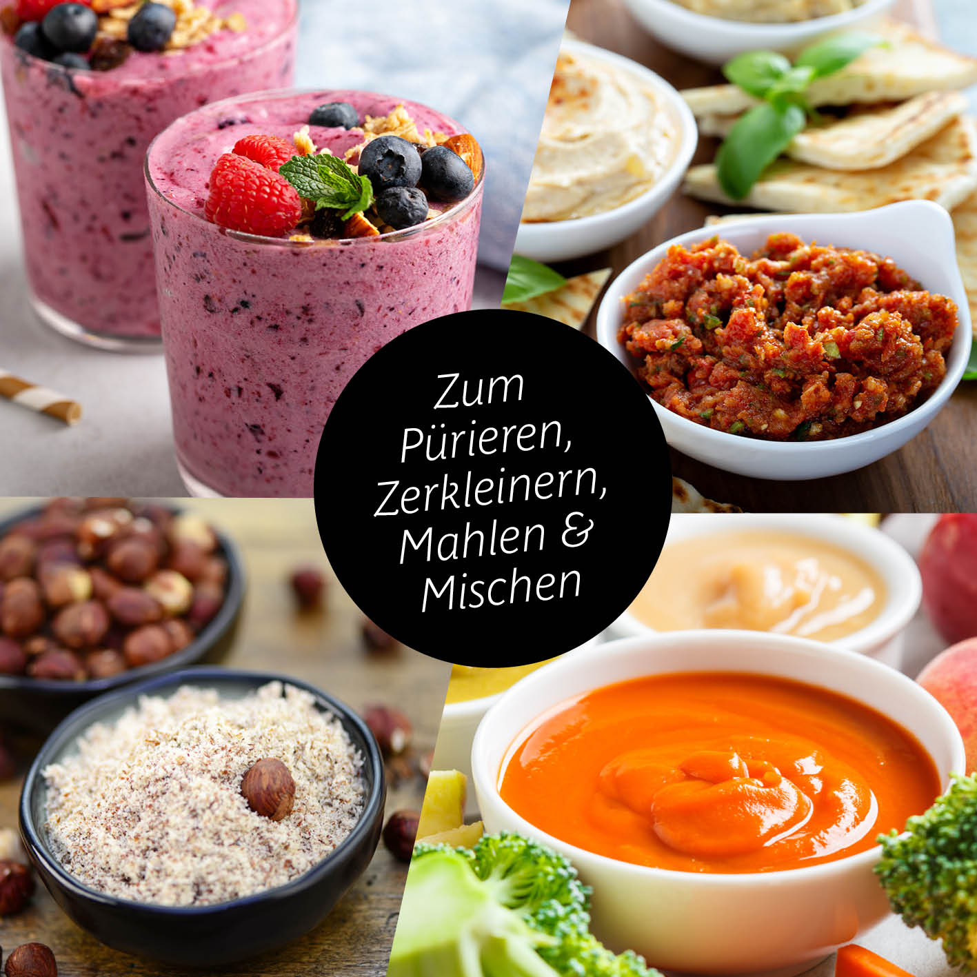Mr. Magic Power 400 Pro mit Zubehörset L - Silber/Rot zeigt vielfältige Zubereitungen wie Smoothies, Dips und Nussmischungen.