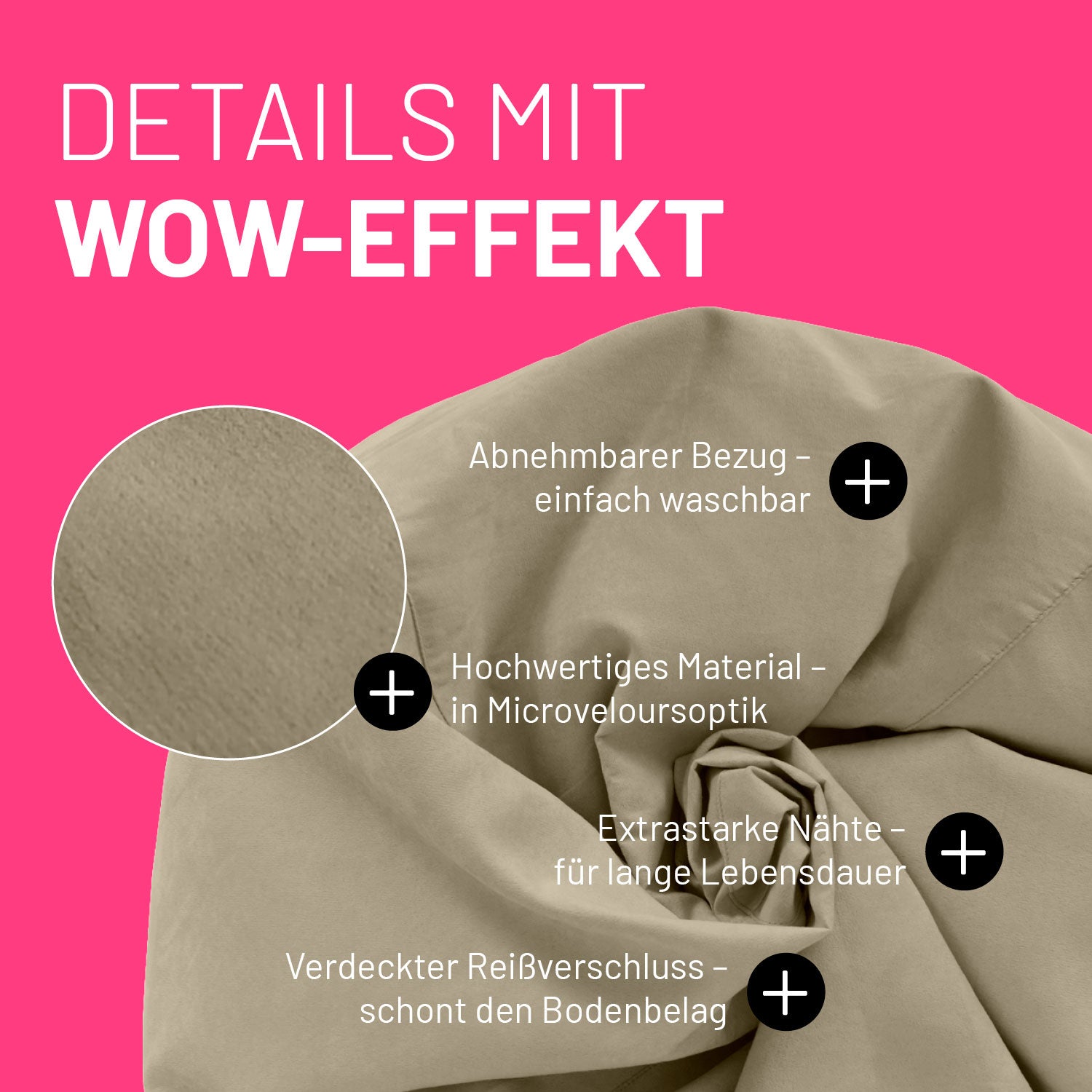 Luxury XL Sitzsack (120 L) beige von Lumaland mit abnehmbarem Bezug, Microveloursoptik, extrastarken Nähten und verdecktem Reißverschluss.
